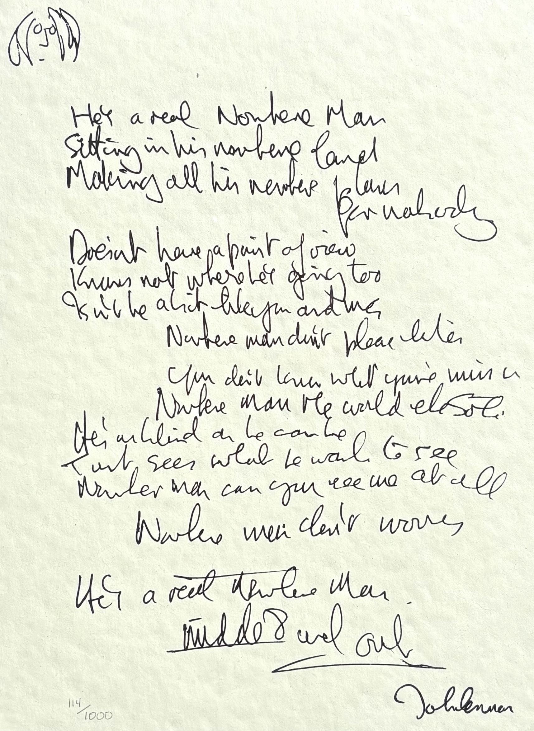 « Nowhere Man », édition limitée, écrite à la main - Noir Print par John Lennon