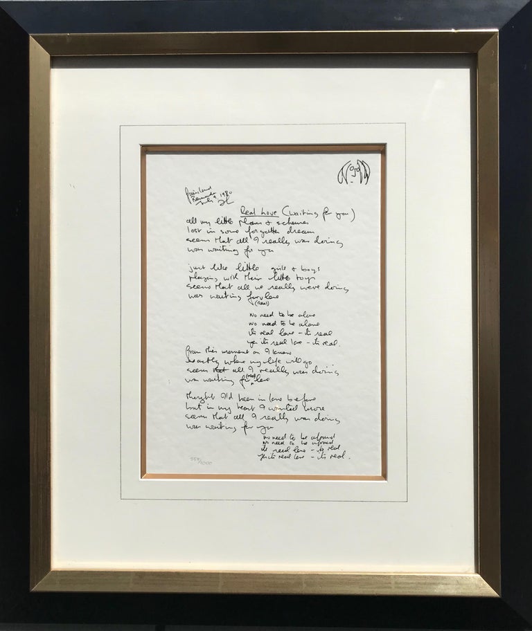"Real Love" Framed Limited Edition Hand Written Lyrics For Sale at 1stDibs