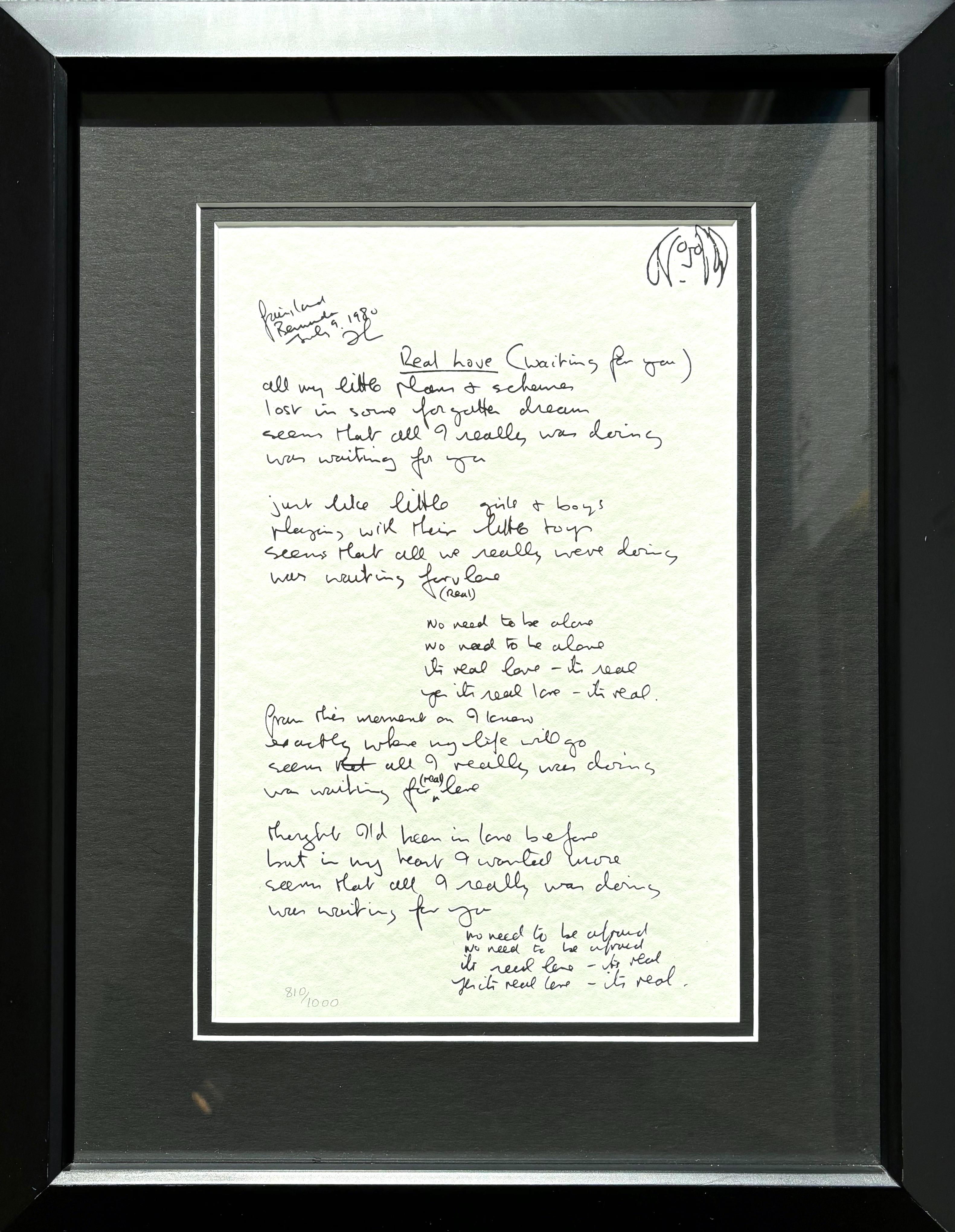 John Lennon Print - "Real Love" Framed Limited Edition Hand Written Lyrics