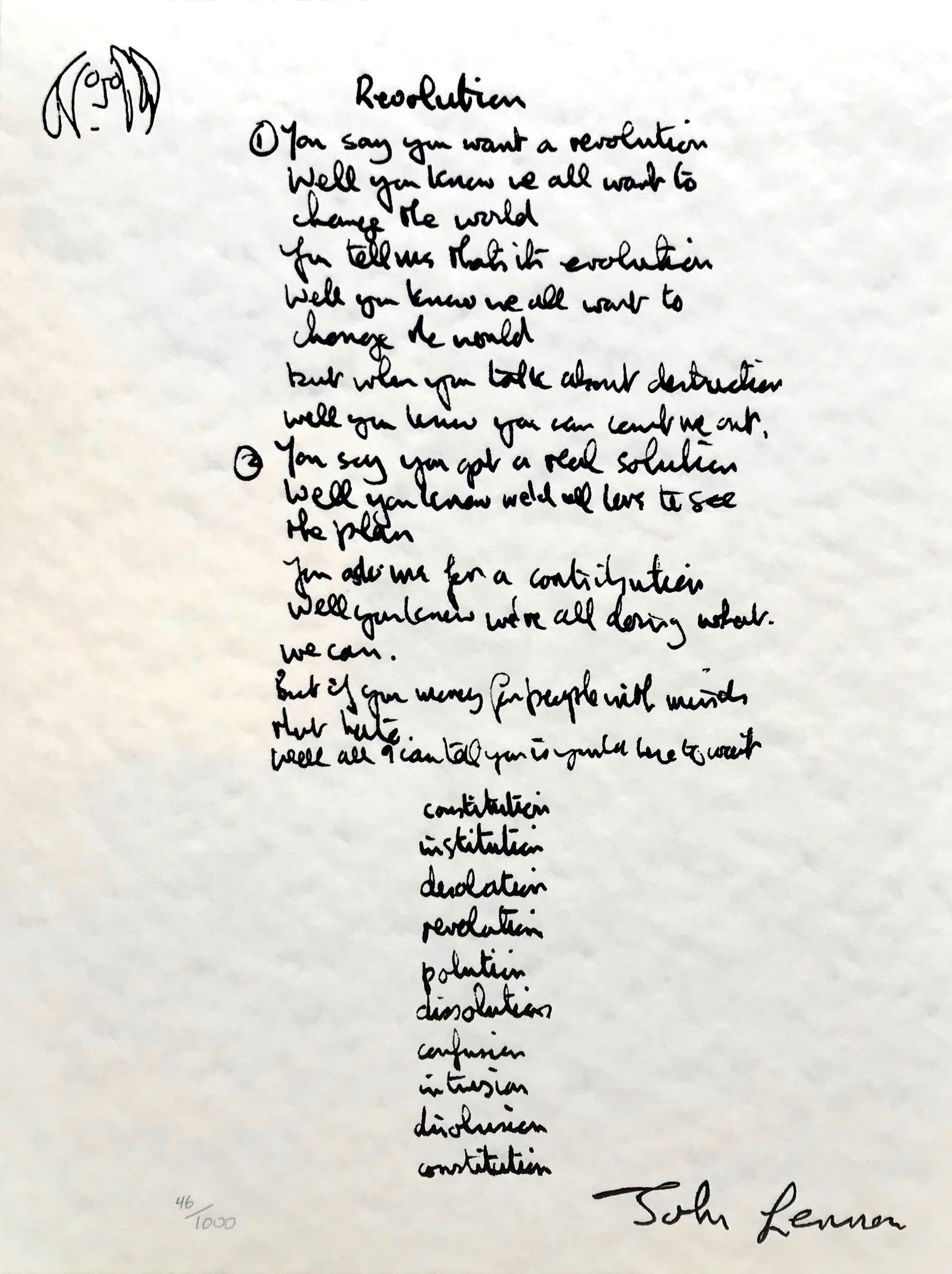  Rare Limited Edition Serigraph of John Lennon's handwritten lyrics for the song 