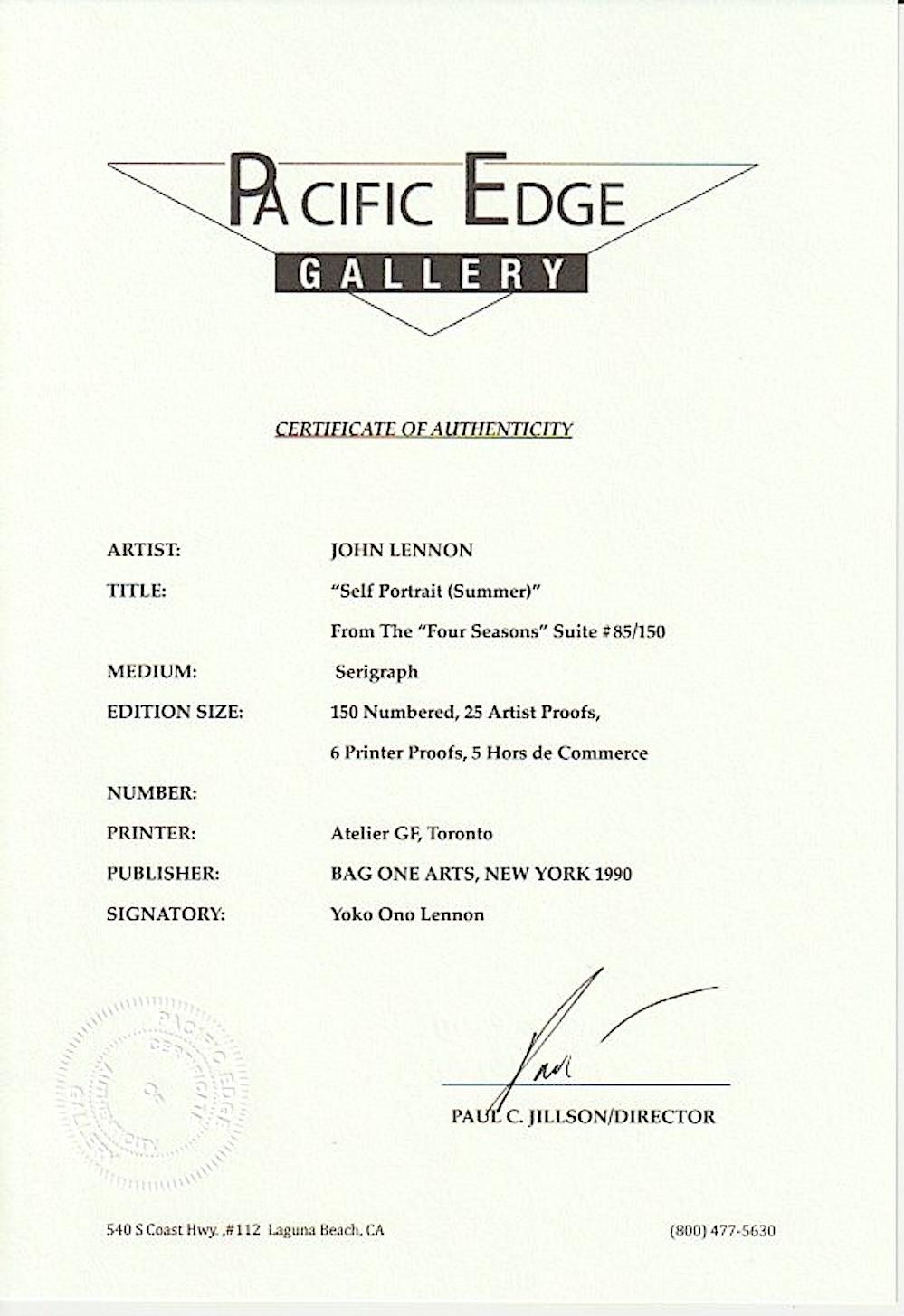  Rare Limited Edition Serigraph of John Lennon's most famous self portrait. originally drawn in 1968, this limited edition was released by Bag One Arts (The Lennon Estate) in 1990, and has been sold out from the publisher since 1998. This is