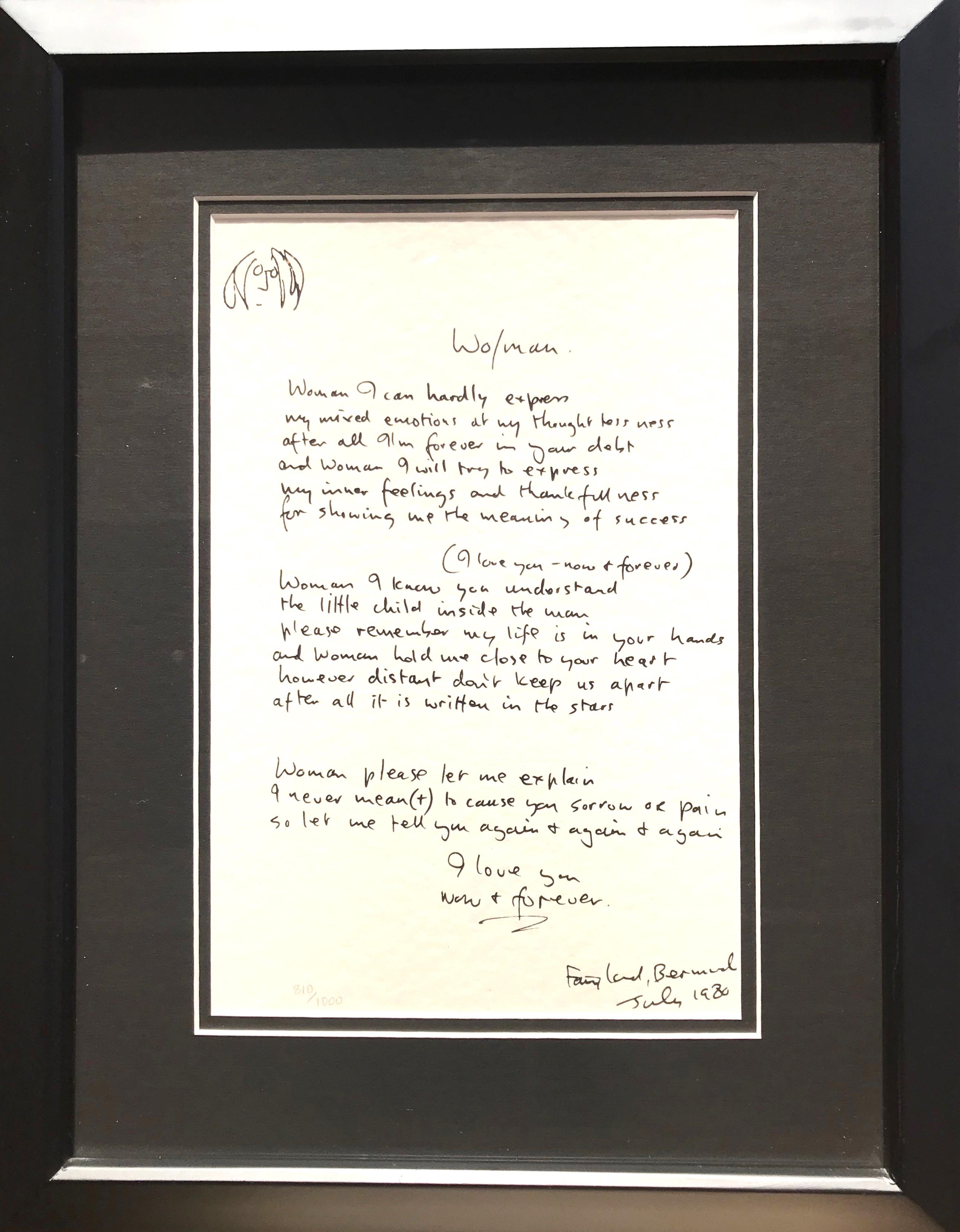 John Lennon Print - "Woman" Framed Limited Edition Hand Written Lyrics