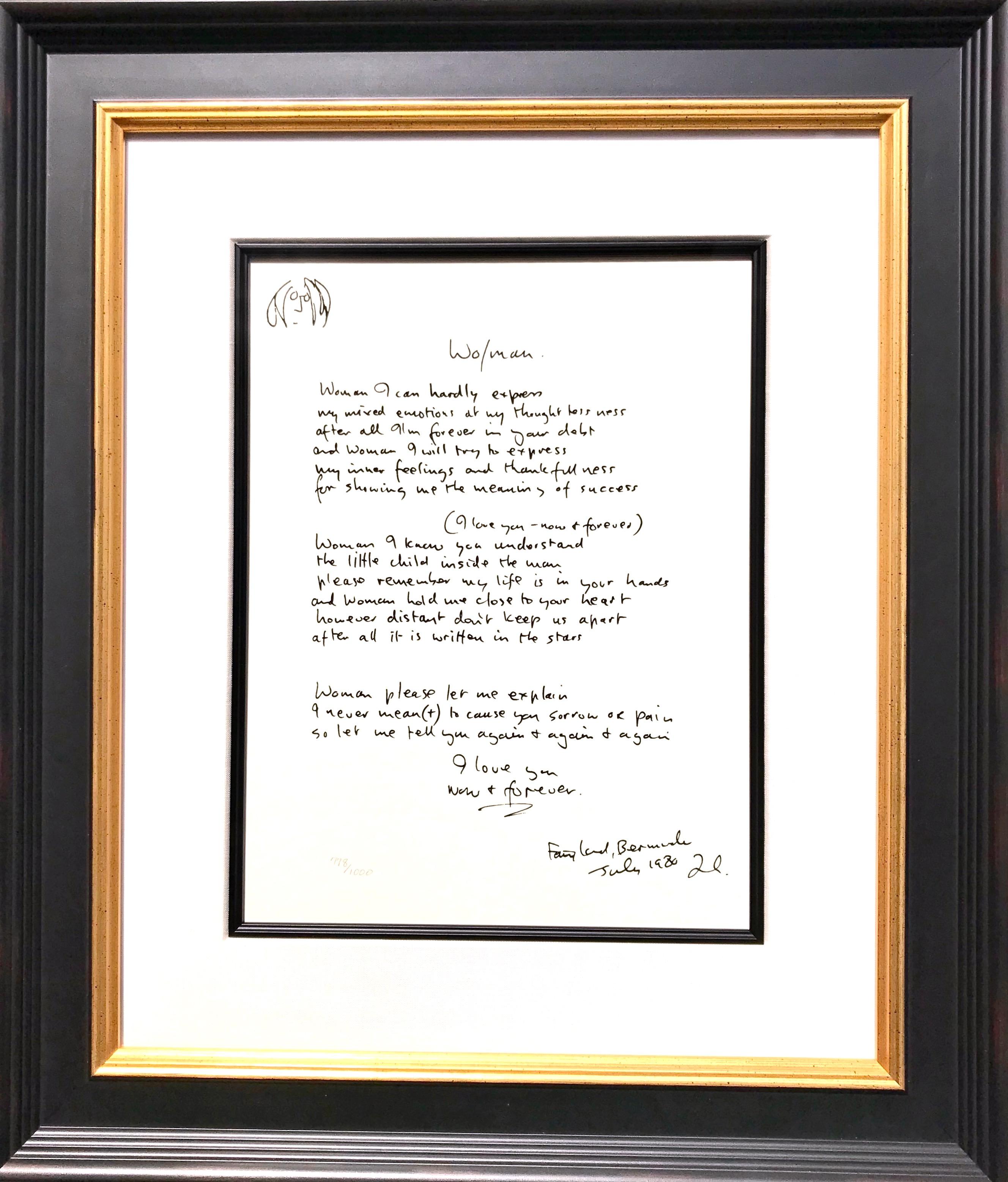 John Lennon Print - "Woman" Framed Limited Edition Hand Written Lyrics