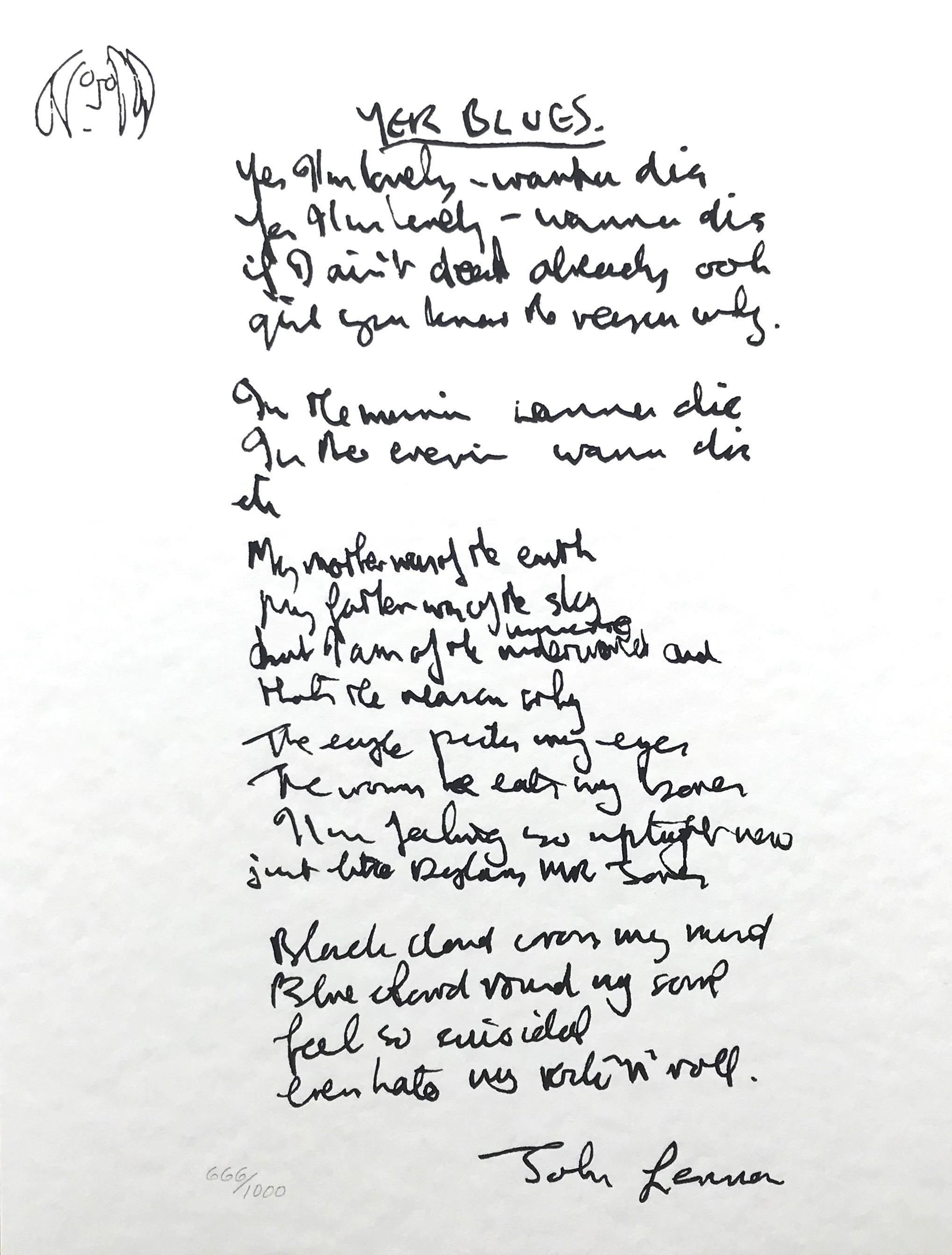 John Lennon Print - "Yer Blues" Limited Edition Hand Written Lyrics