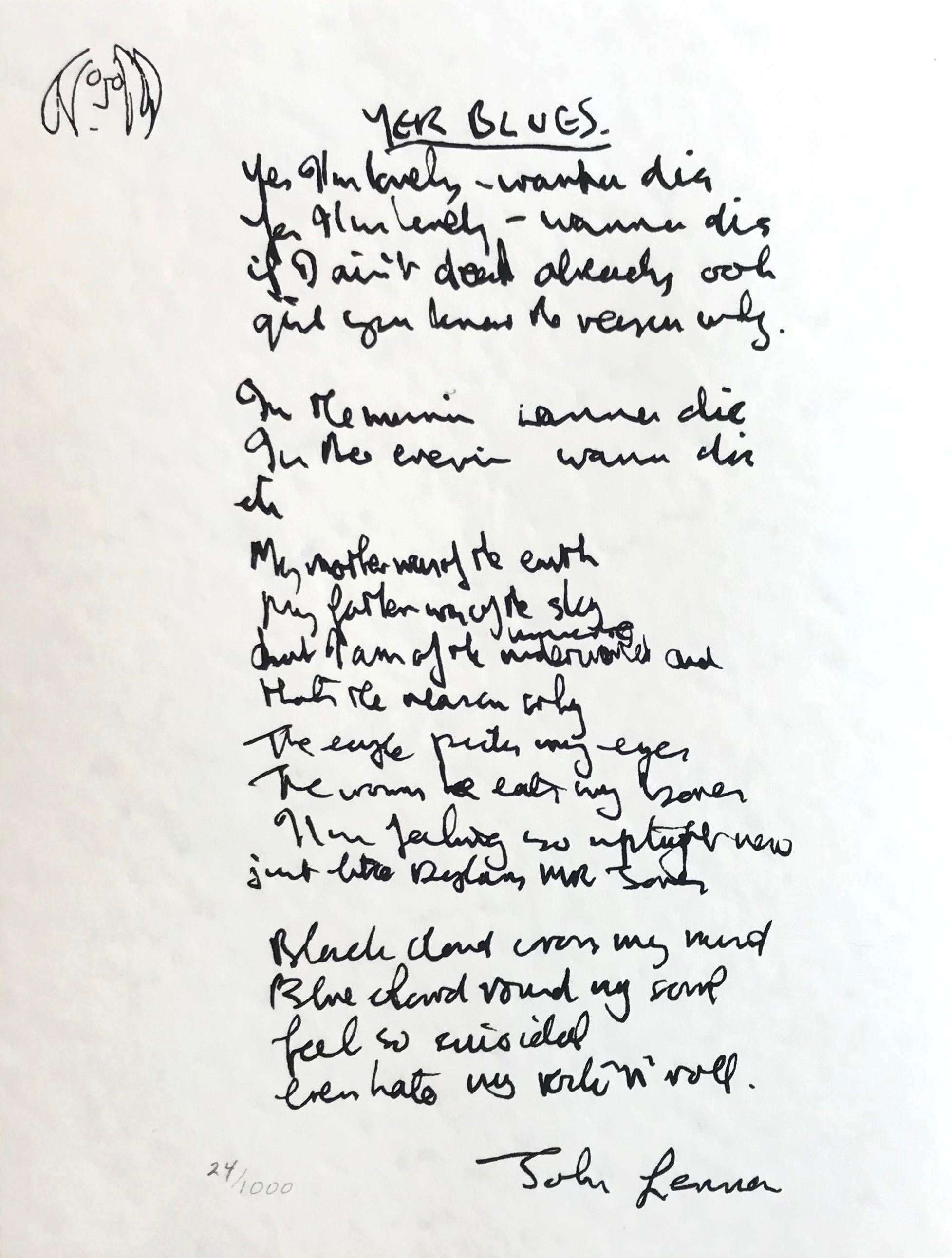 John Lennon Print - "Yer Blues" Limited Edition Hand Written Lyrics