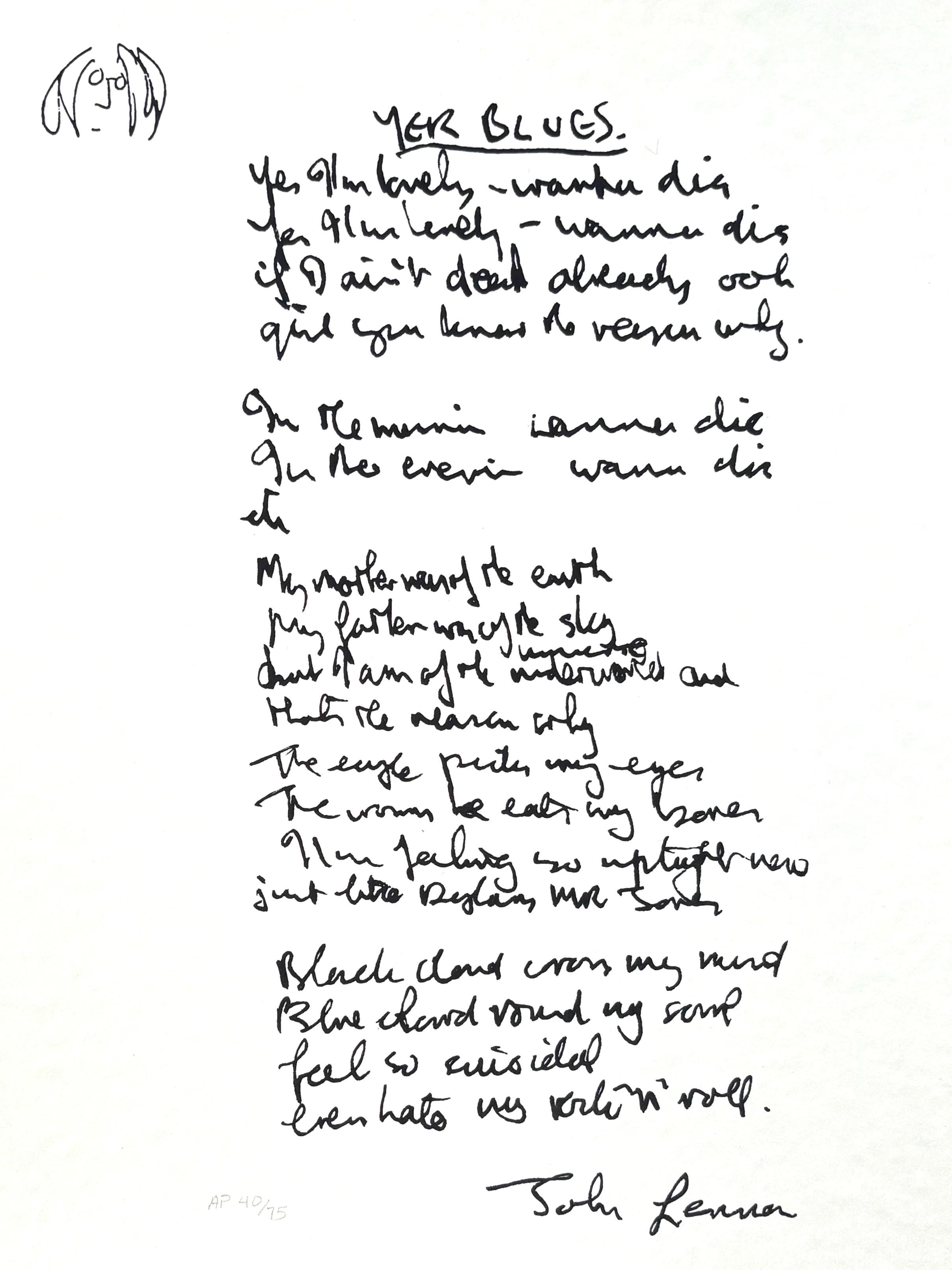 John Lennon Print – „Yer Blues“ Limitierte Auflage handverlesener Lyrics