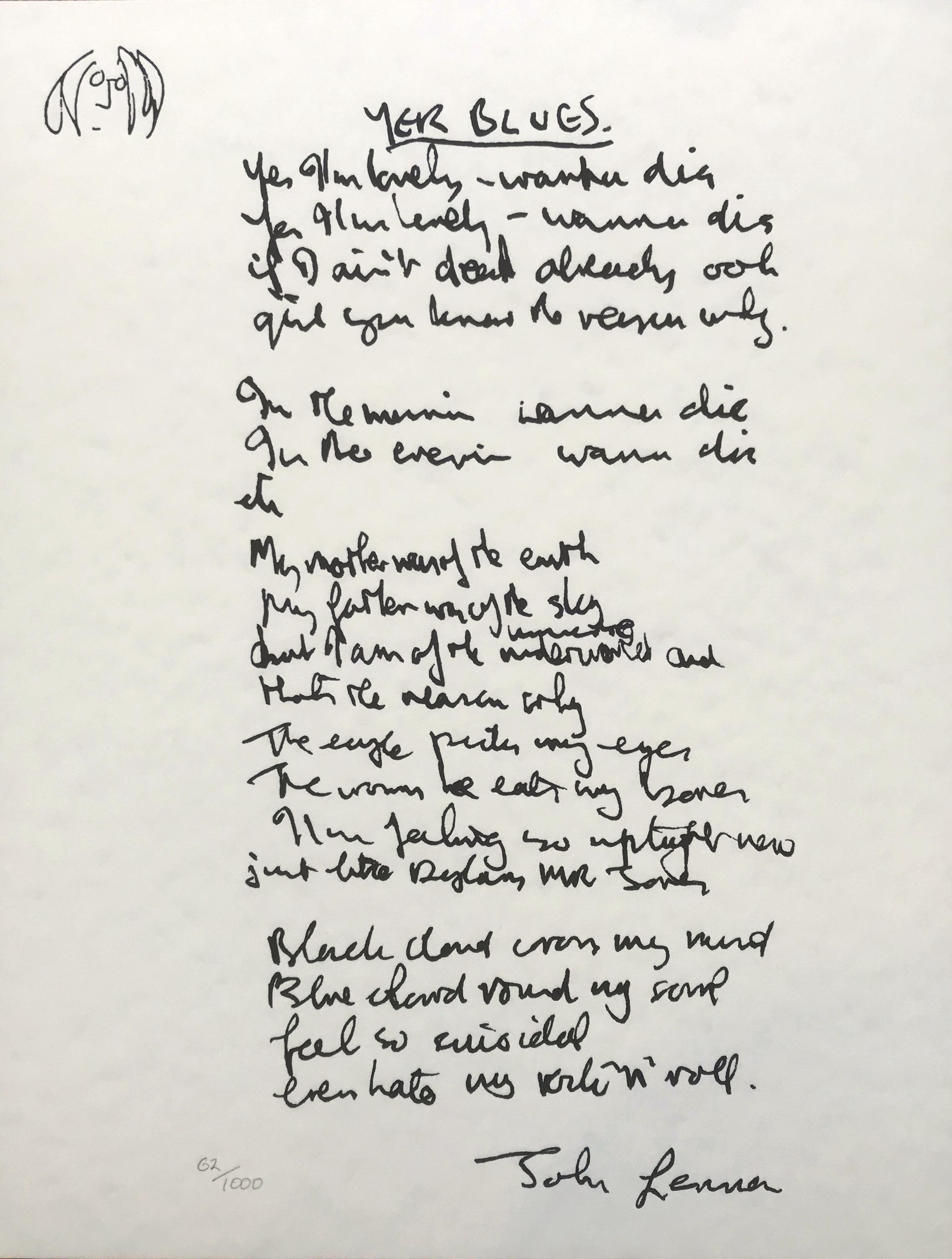 John Lennon Print - "Yer Blues" Limited Edition Hand Written Lyrics
