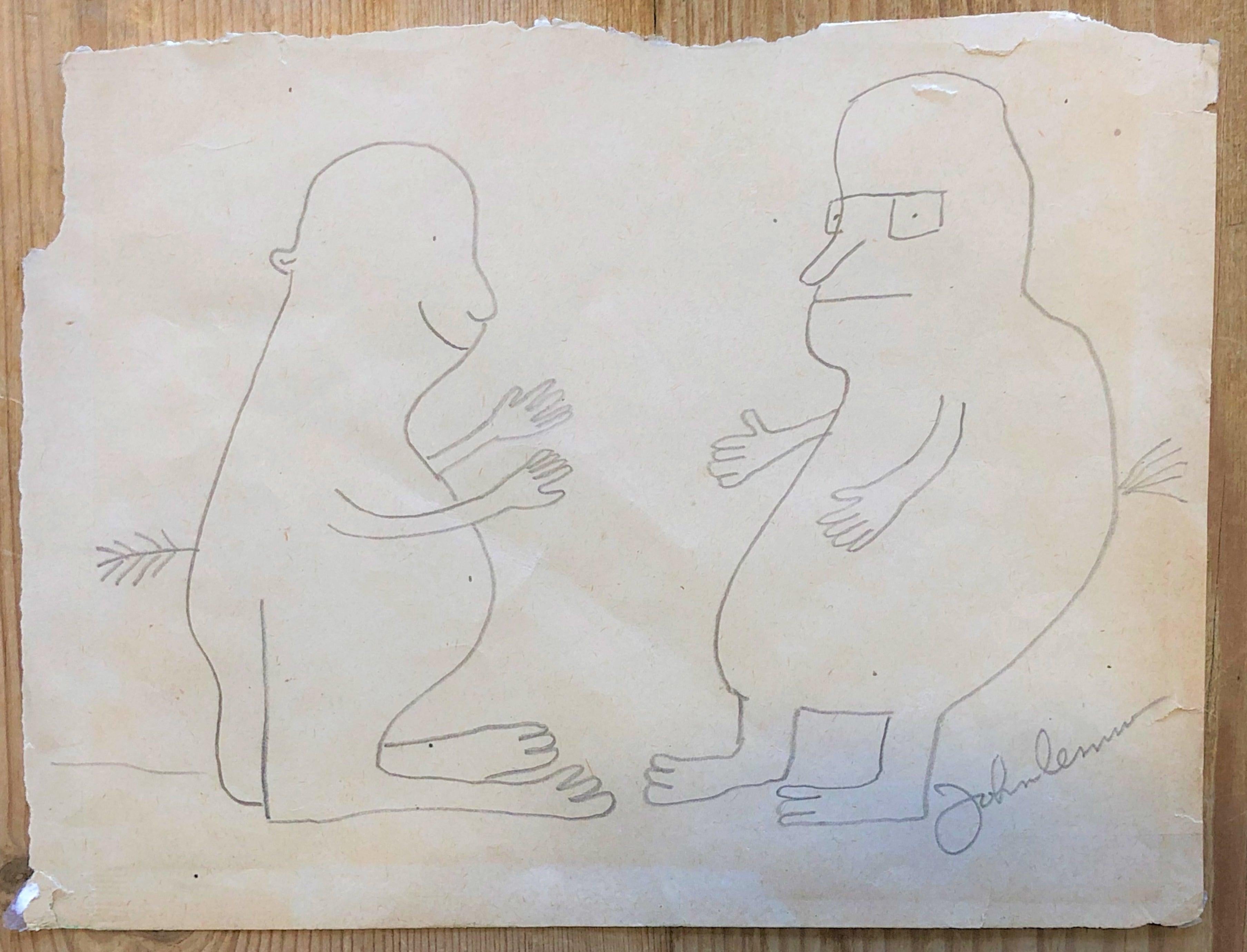 Two unique John Lennon artworks, sketched and signed by the Beatle. Likely at the height of Beatlemania in 1964.

A single 8 x 6 inch piece of paper, featuring two Lennon pencil sketches (one on each side) in his unique style.

Each sketch also