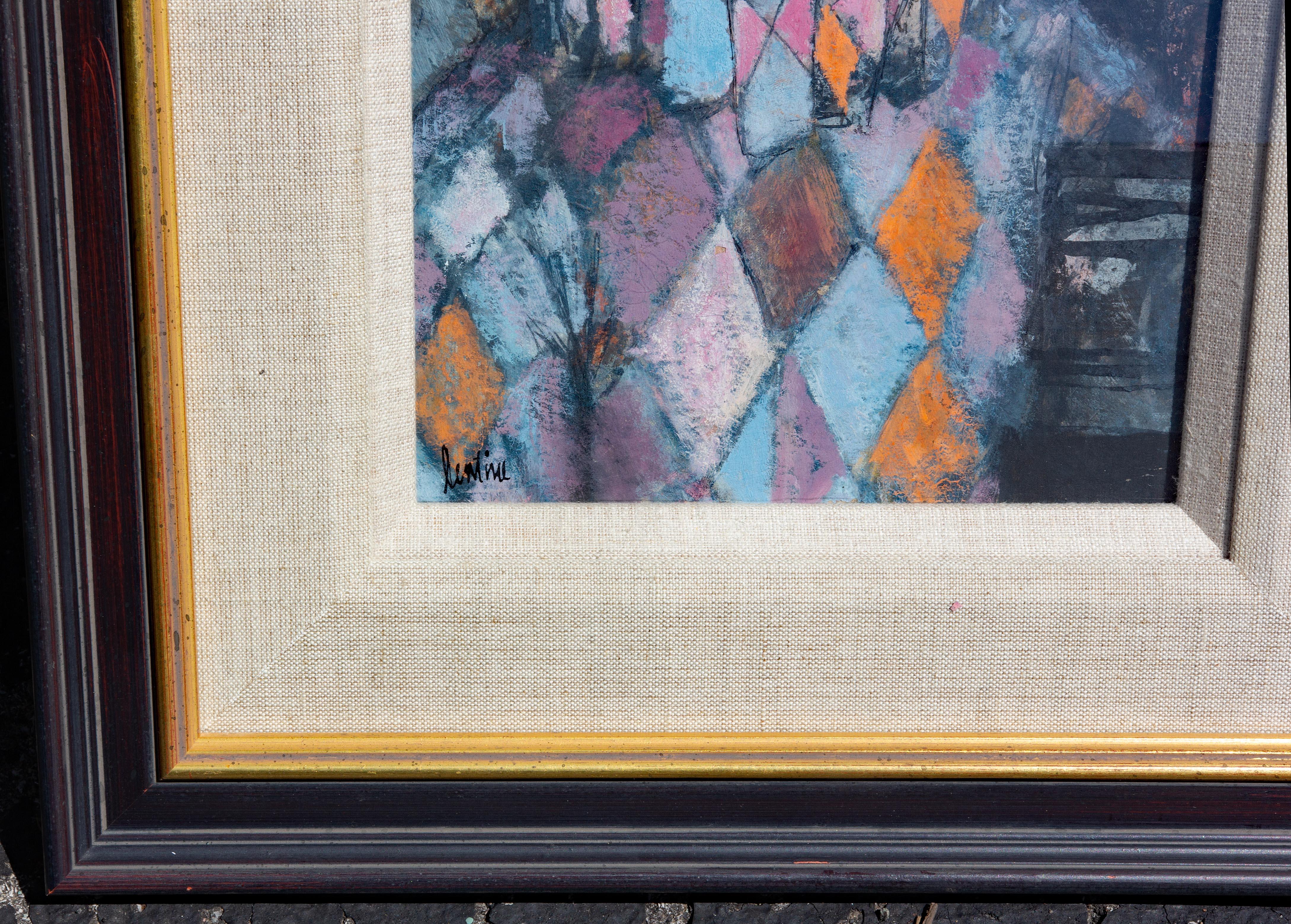 Colorful portrait of a young man. Likely a self portrait. Oil on paper. Signed. Circa 1950's. Nicely framed. 
John Lentine was born in Rochester, New York on October 19, 1930.  Lentine studied at the Pratt Institute of Art.  He died in Los Angeles
