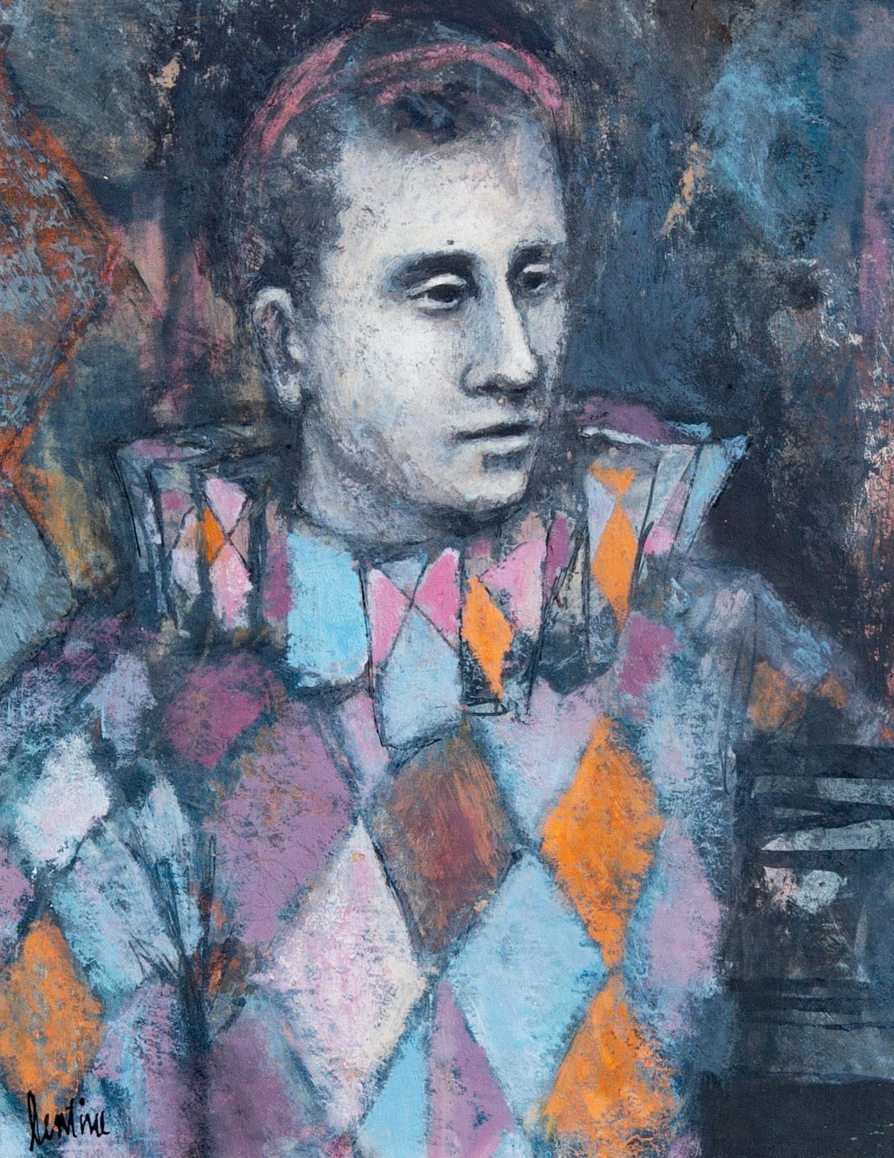 John Lentine Portrait Painting - Impressionist Portrait of a Young Man "Harlequin" Oil Painting Circa 1950's