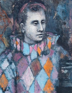 Impressionist Portrait of a Young Man "Harlequin" Oil Painting Circa 1950's