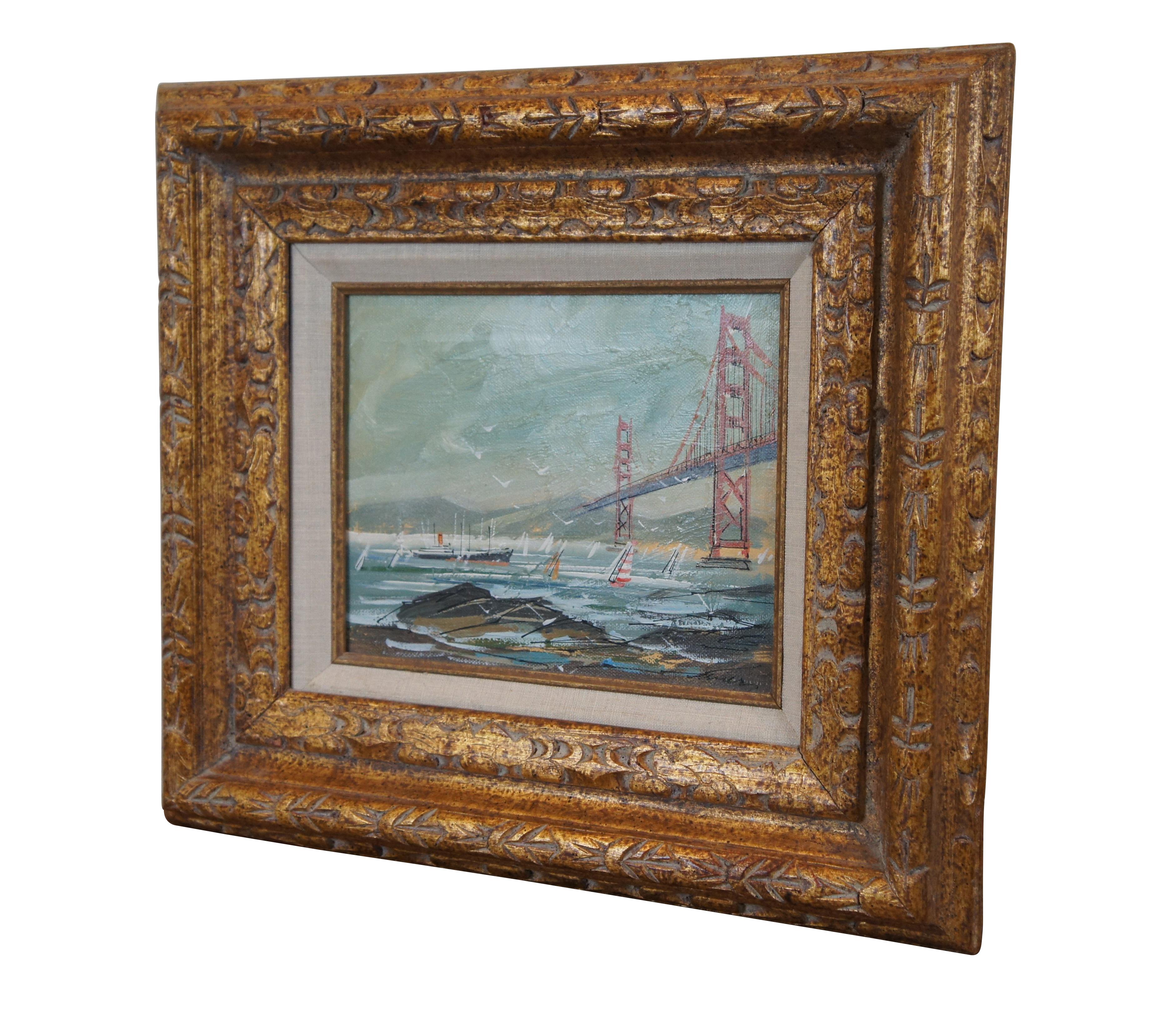Vintage John Leonard Checkley (b.1922-1991) Impressionist nautical theme landscape oil painting on board featuring the San Francisco Golden Gate Bridge with sailboats / boats and birds.

New Zealander John Checkley, A San Franciscan since 1955,