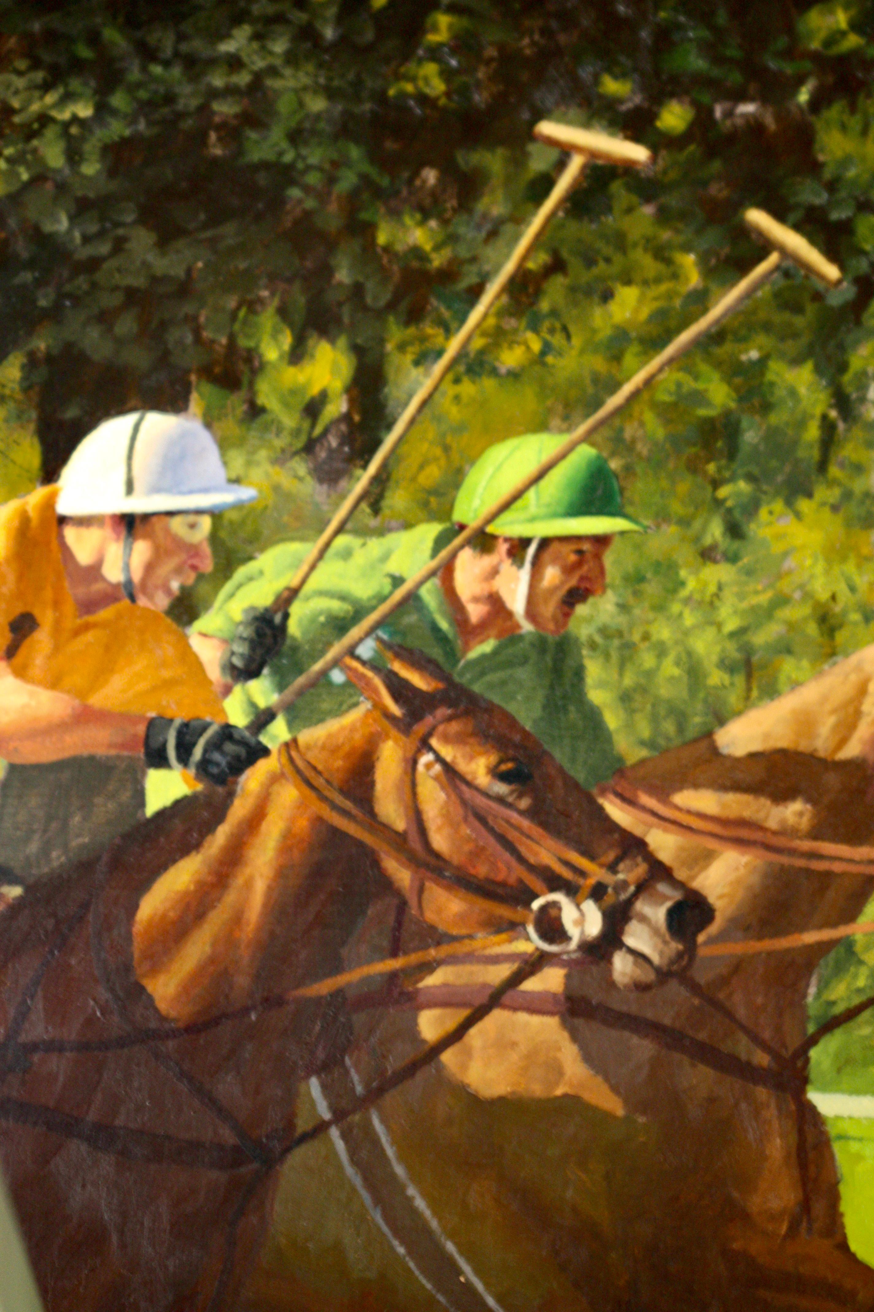 John Leone (1929-2011)
Last Chukker
Signed John Leone (lower right)
Oil on Masonite
Size with frame 47.5 x 67.375 in. (120.65 x 171.13 cm.)
Unframed 39.5 x 59.75 in. (100.33 x 151.76 cm.)
Painted in 2010
Provenance: Wally Findlay Gallery,