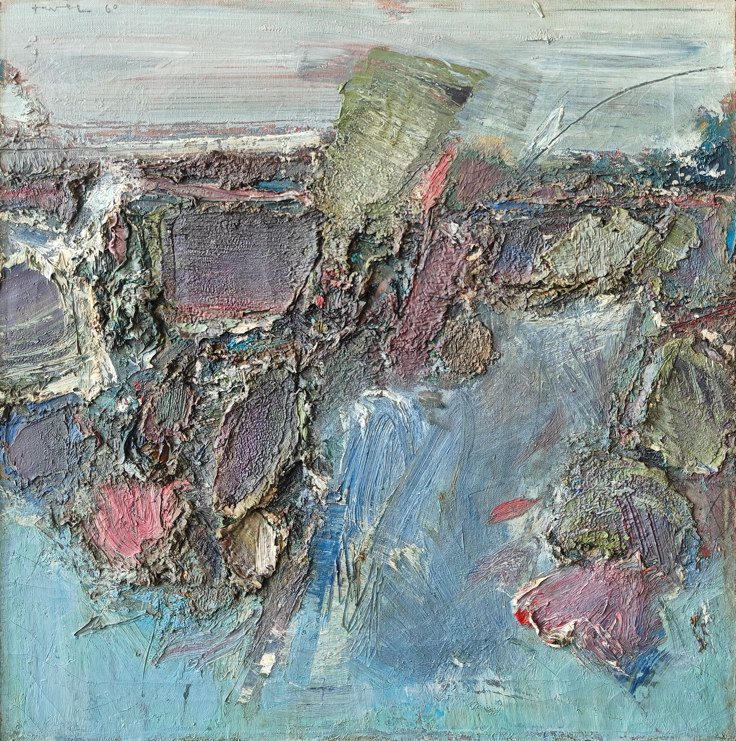 "December VI" John Levee, Ab-Ex, Mid-Century, Gestural, Blue, Impasto