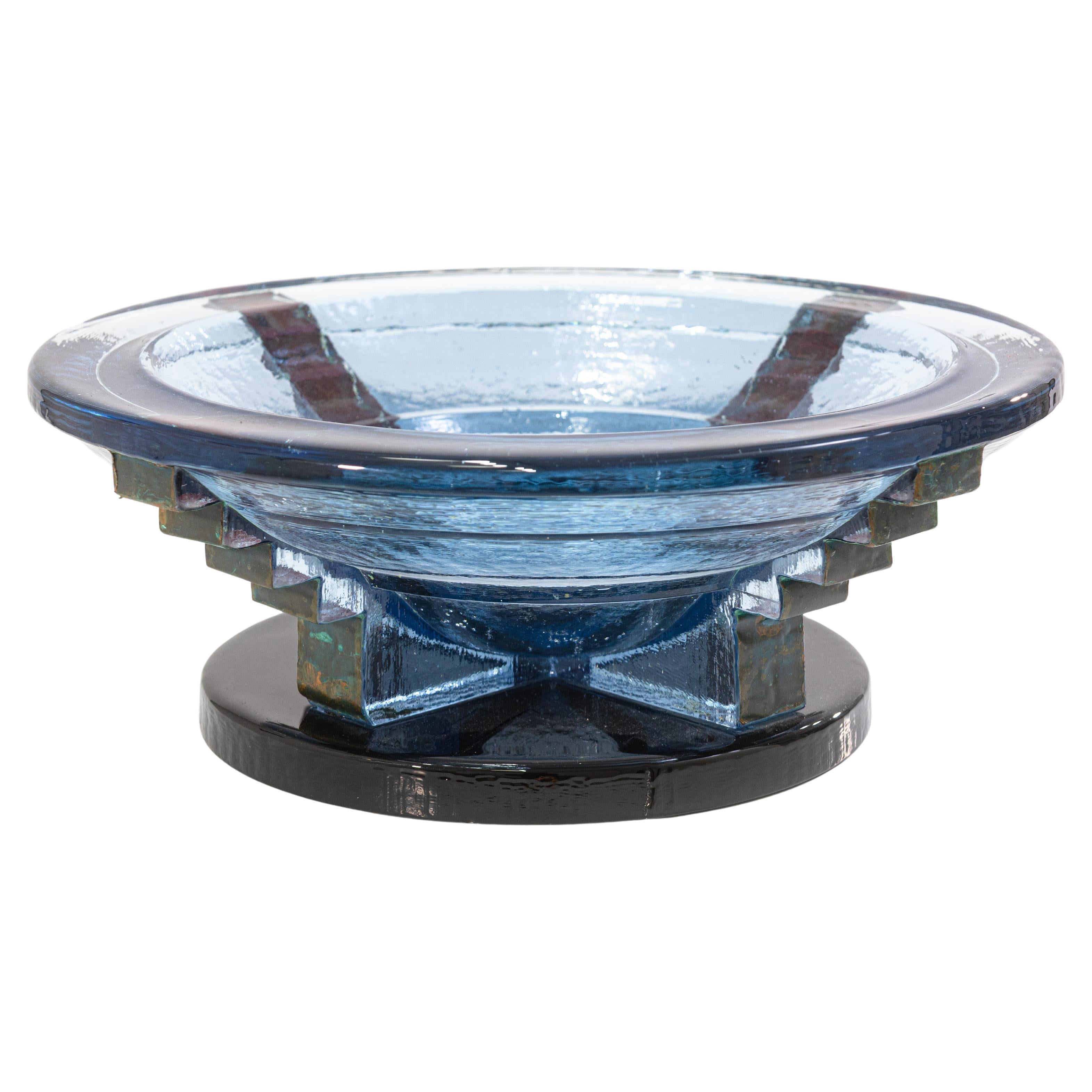 John Lewis Blue Glass Bowl or Vessel with Metal Detailing Postmodern Art Glass For Sale