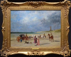 Une journée à la plage - Peinture à l'huile impressionniste du 19ème siècle