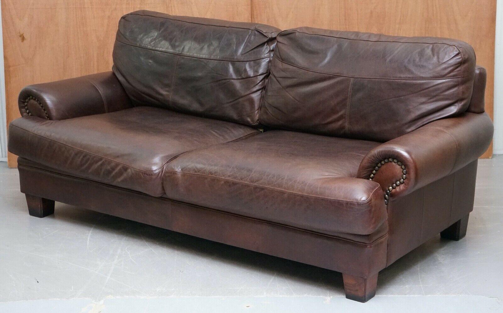British John Lewis Chartwell Brown Chocolate Three Seater Sofa with Studs on Arms