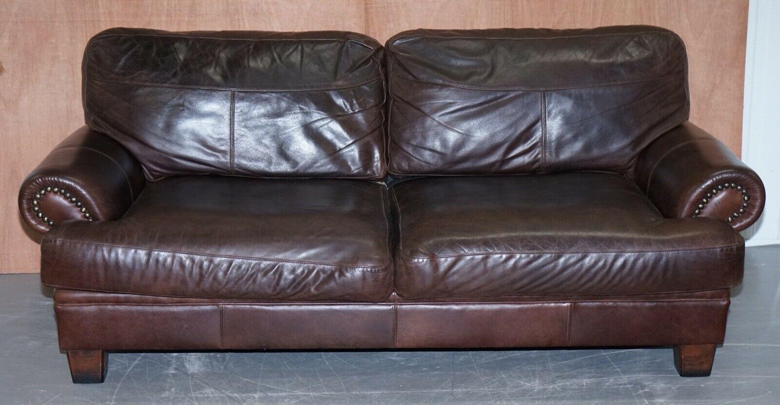 Hand-Crafted John Lewis Chartwell Brown Chocolate Three Seater Sofa with Studs on Arms