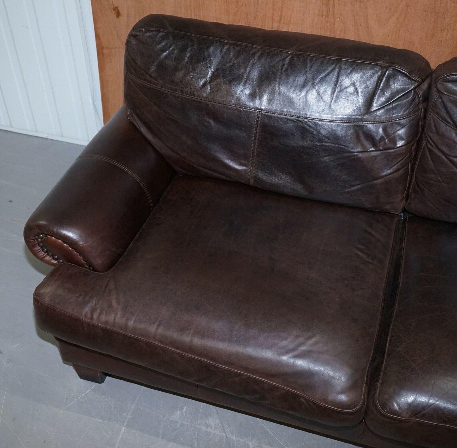 Leather John Lewis Chartwell Brown Chocolate Three Seater Sofa with Studs on Arms