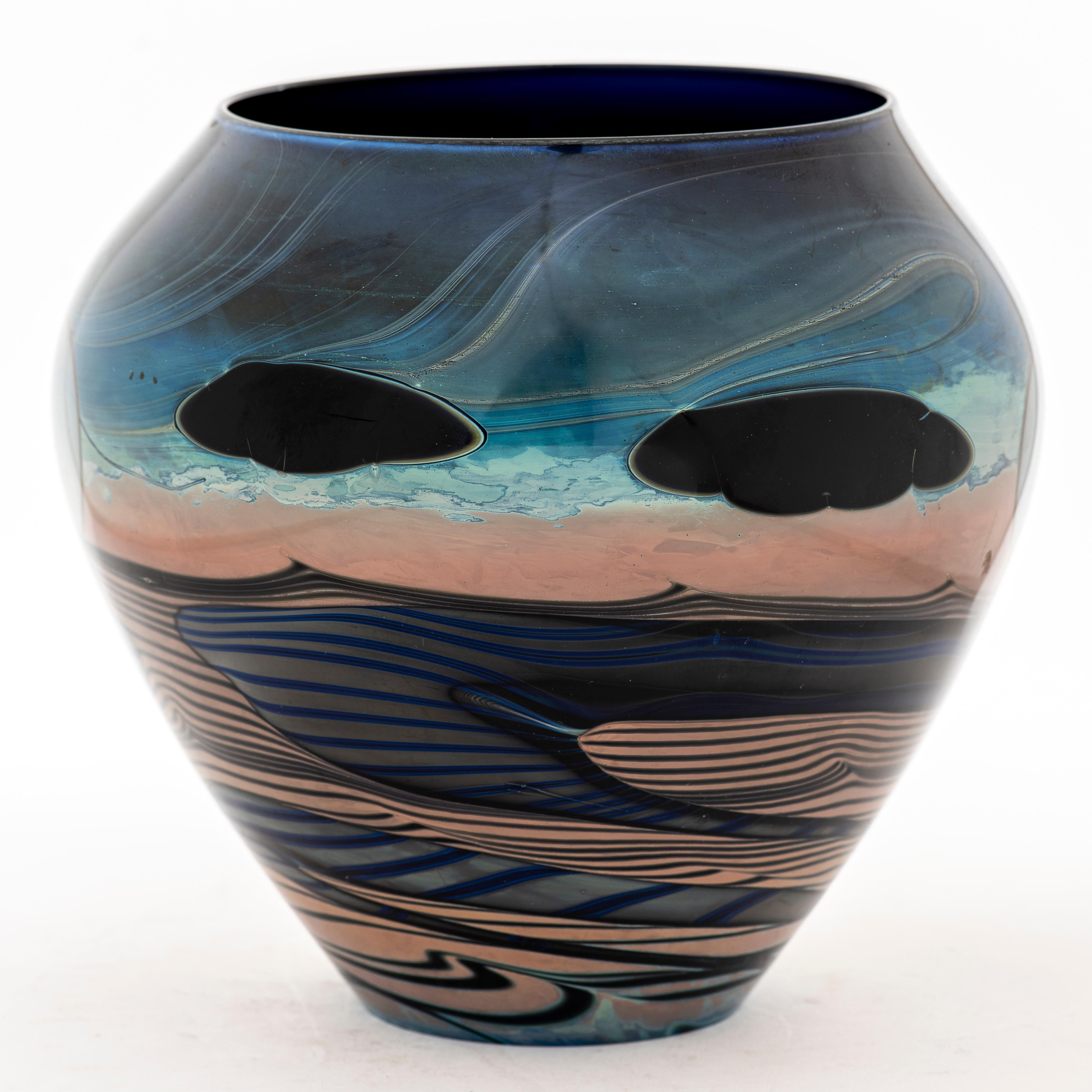 John Lewis modern art glass tapered vase from the 'moonscape' series, depicting stylized landscape. Signed on bottom 'Lewis 79-192'. Measures: 7.5