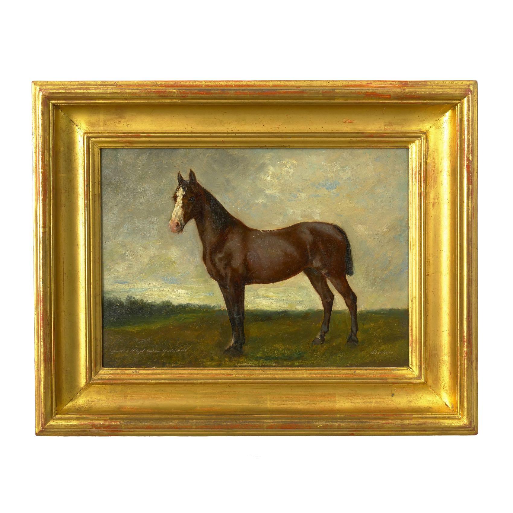 A moody and romantic work, this painting captures a thoroughbred standing before a Stark landscape under a gloomy sky. There is a serenity to the painting with soft light surrounding the horse as he stands large above the observer. Partially