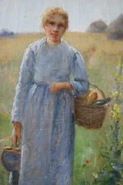 Antique Oil Painting of a Young Woman in Landscape, Picnic in the Fields