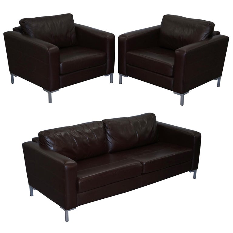 John Lewis Siren Aniline Brown Leather Suite Pair Armchairs Three-Seat Sofa For Sale at 1stdibs