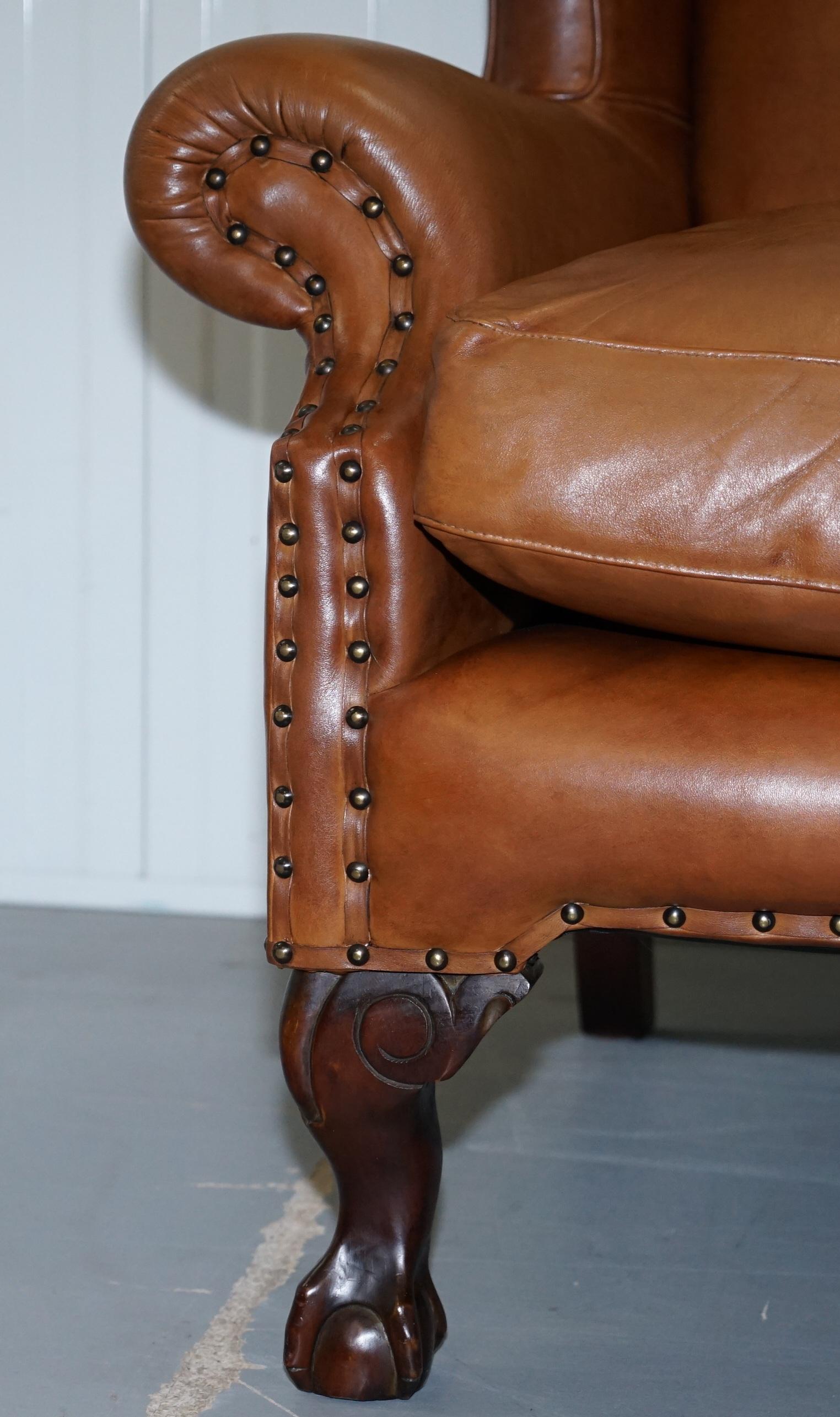 John Lewis Wingback Compton Brown Leather Armchair Feather Filled In Good Condition In West Sussex, Pulborough