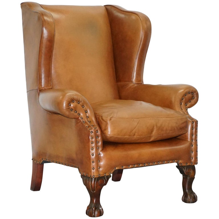 John Lewis Wingback Compton Brown Leather Armchair Feather Filled at 1stDibs