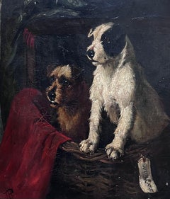 Victorian Dog Oil Painting Two Scruffy Jack Russell Terriers in Wicker Basket