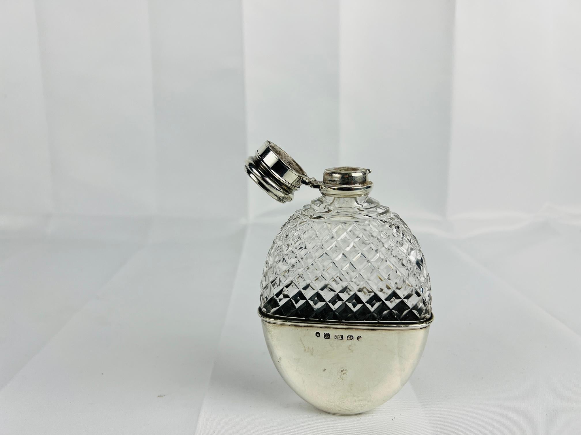 British John Linegar Sterling Silver & Cut Glass Locking Hip Flask C. 1877