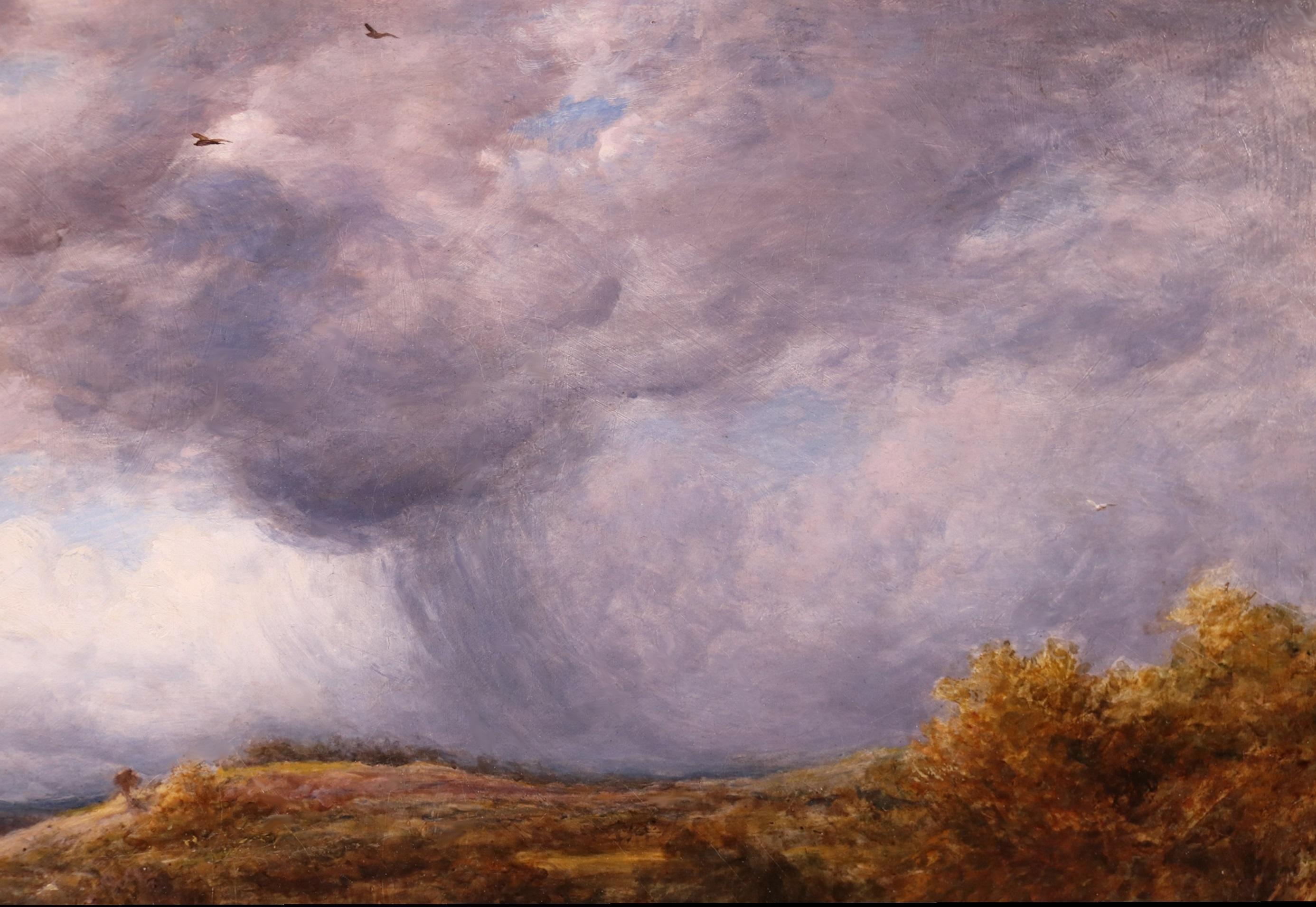 Grande dipinto a olio del XIX secolo raffigurante una tempesta di tuoni, paesaggio vittoriano inglese 1