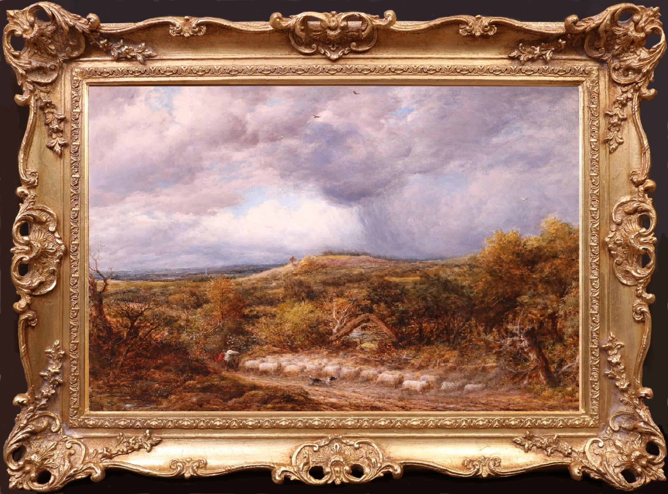 Hirte und Schafe in Thunder Storm - Großes Ölgemälde aus dem 19. Jahrhundert – Painting von John Linnell