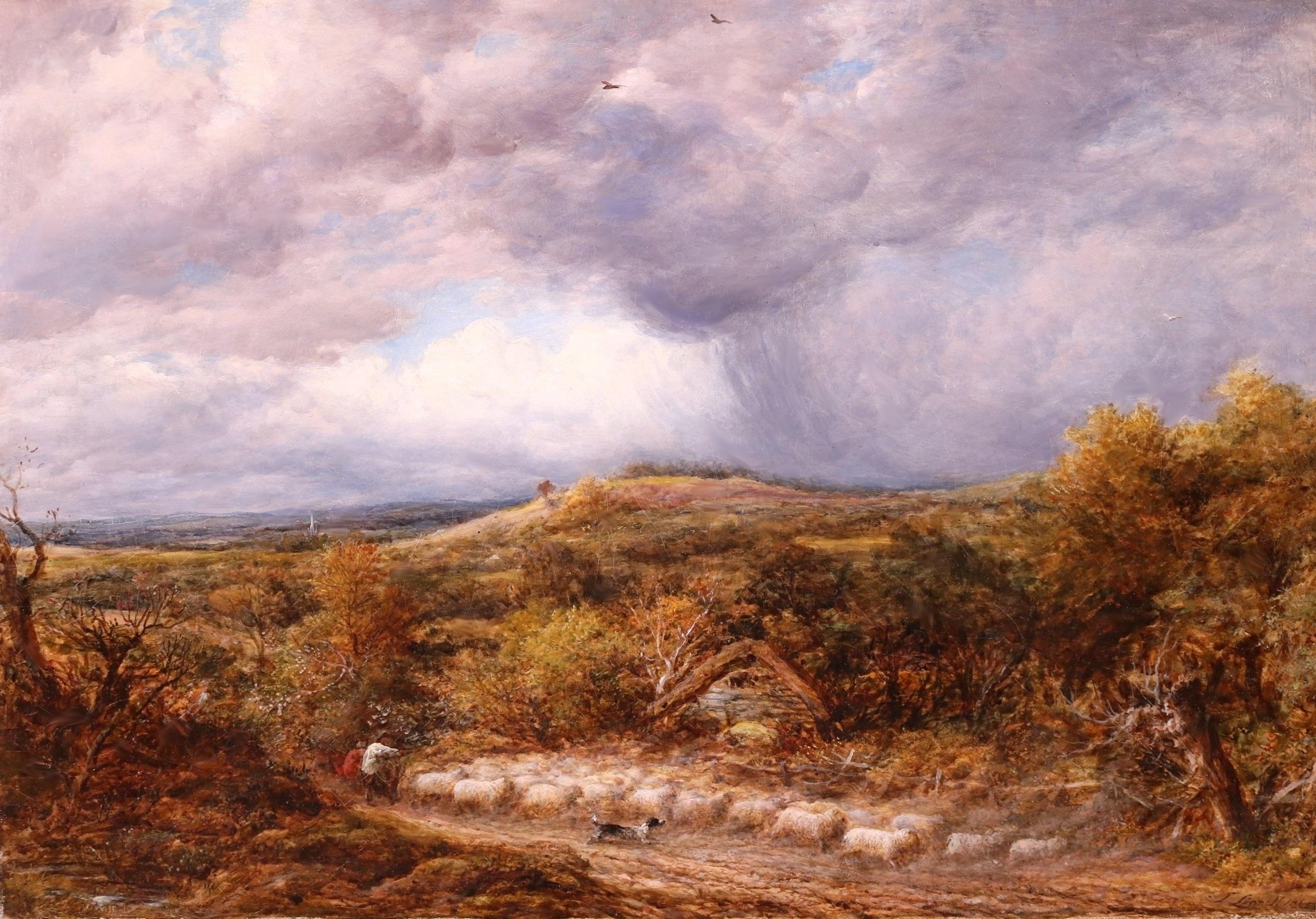Berger et mouton dans l'orage - Grande peinture à l'huile du 19e siècle - Paysage - Victorien Painting par John Linnell