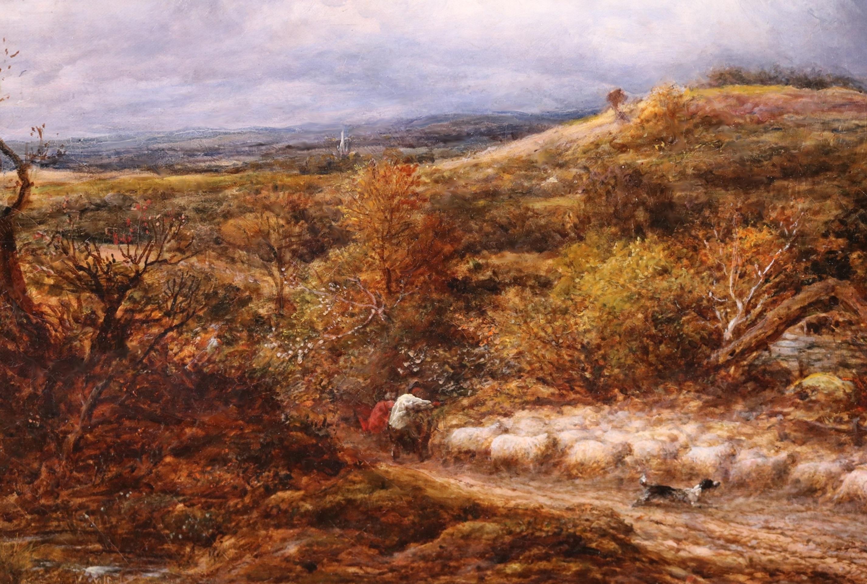 Berger et mouton dans l'orage - Grande peinture à l'huile du 19e siècle - Paysage 2