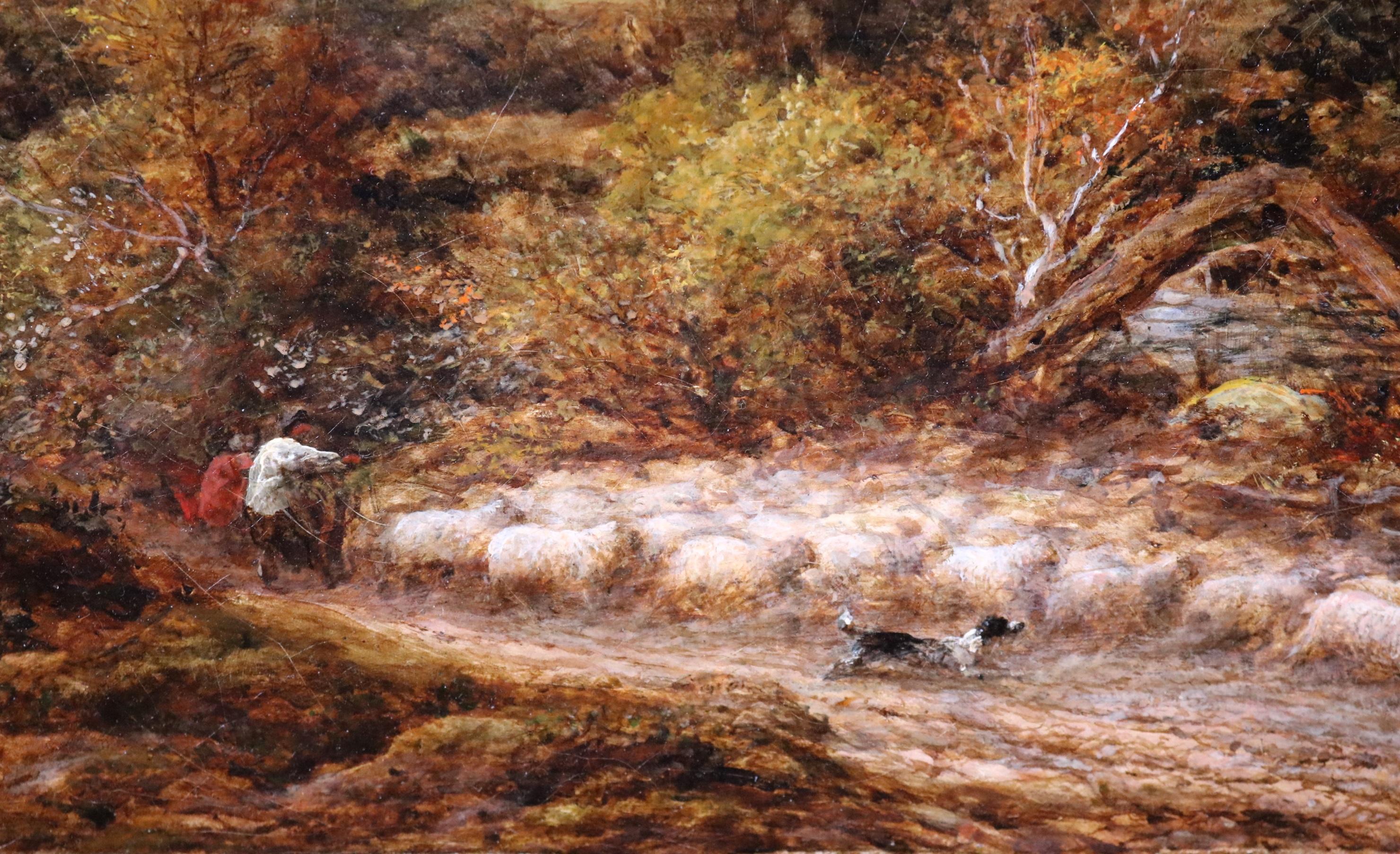Berger et mouton dans l'orage - Grande peinture à l'huile du 19e siècle - Paysage 3