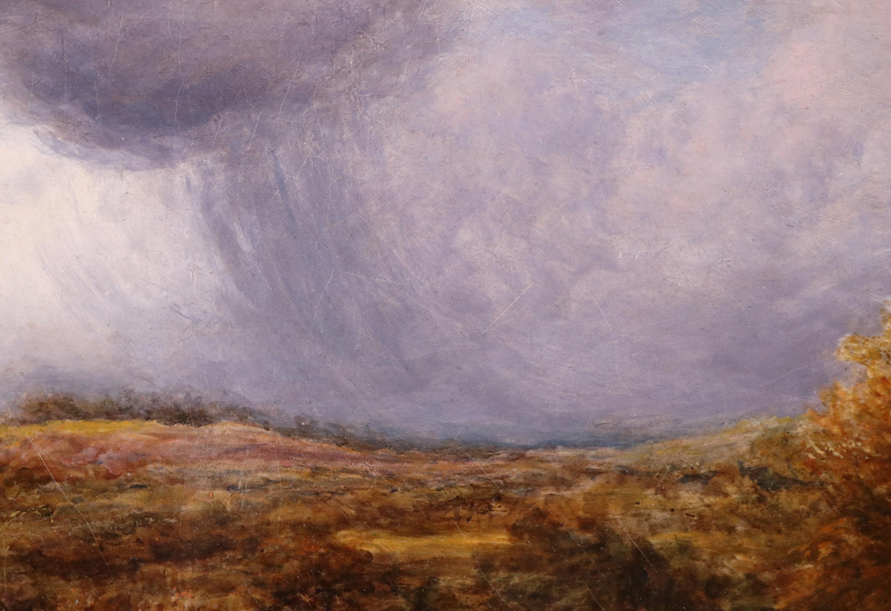 Berger et mouton dans l'orage - Grande peinture à l'huile du 19e siècle - Paysage 4