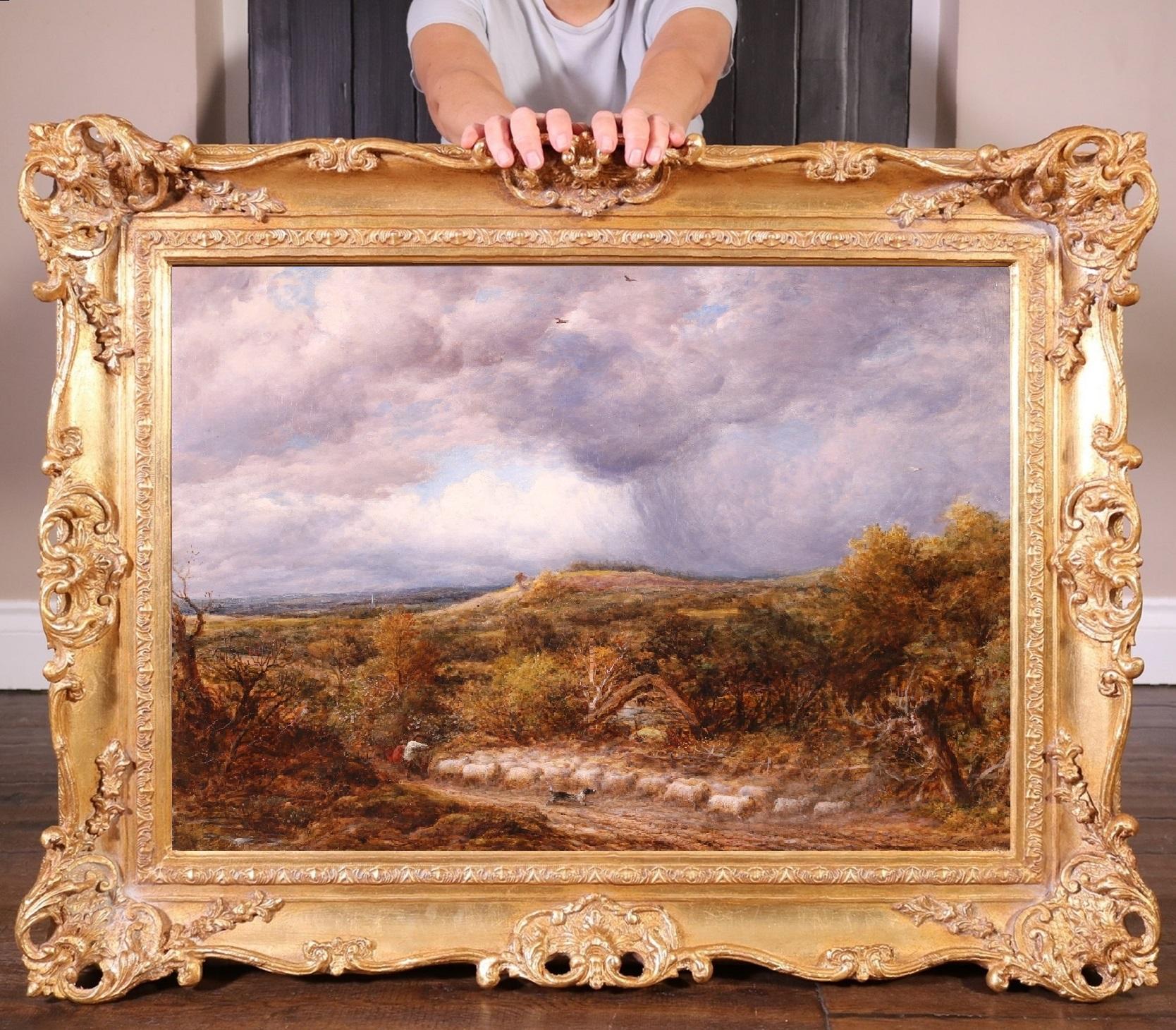 Animal Painting John Linnell - Berger et mouton dans l'orage - Grande peinture à l'huile du 19e siècle - Paysage