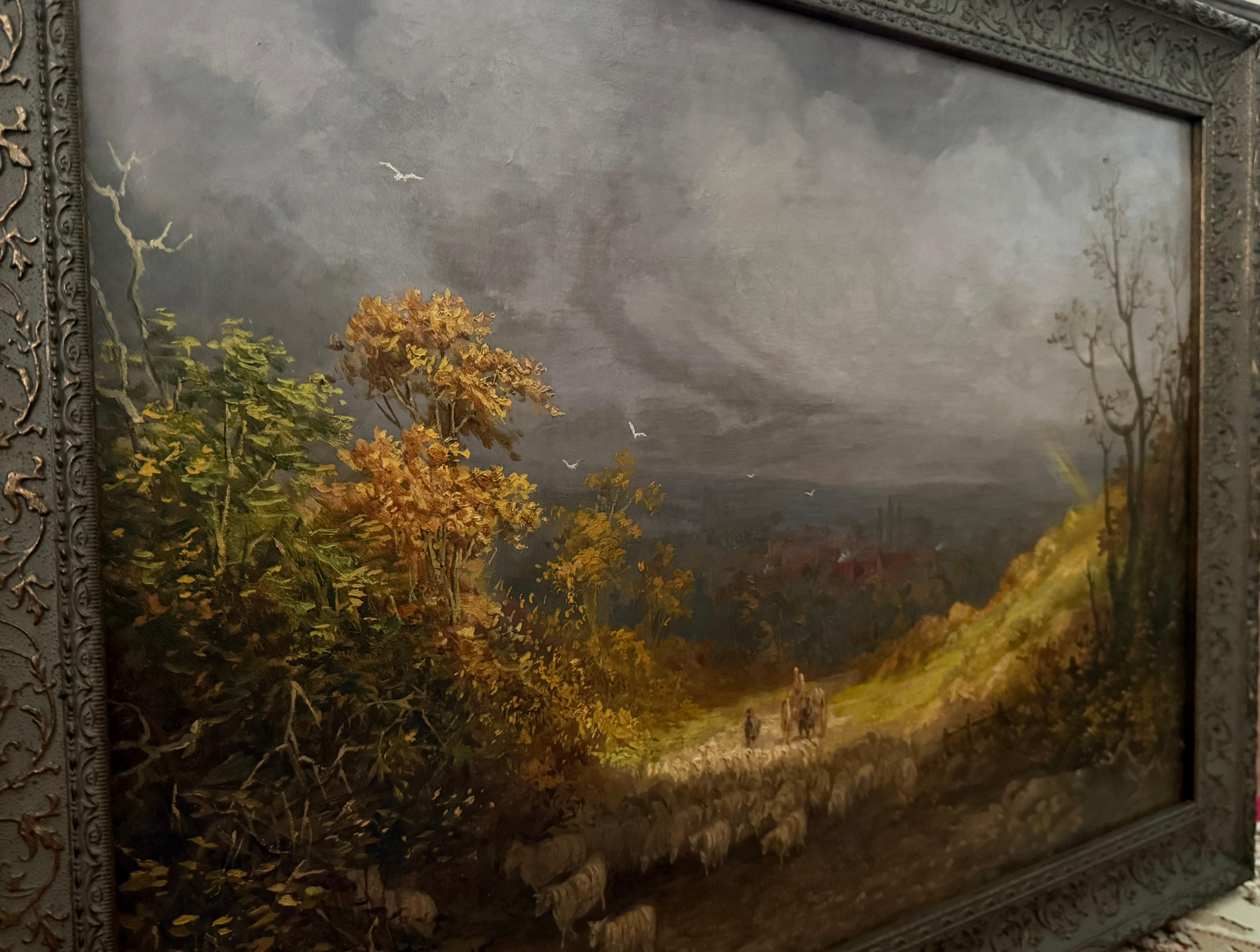 Britische Landschaft Goldenes Licht nach Sturm, Schafe, Dorf, Herbst, um 1850 im Angebot 8