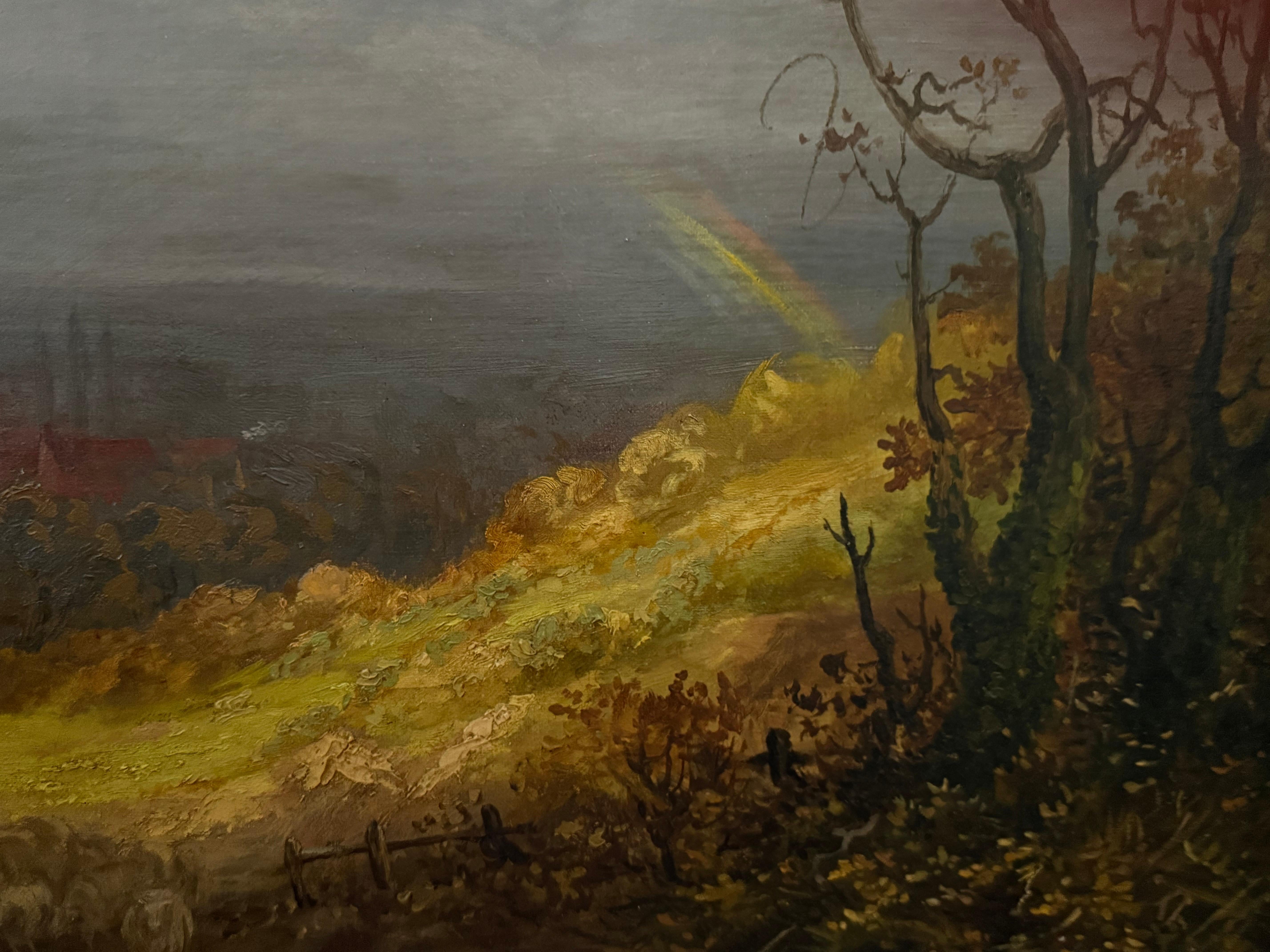 Britische Landschaft Goldenes Licht nach Sturm, Schafe, Dorf, Herbst, um 1850 im Angebot 10