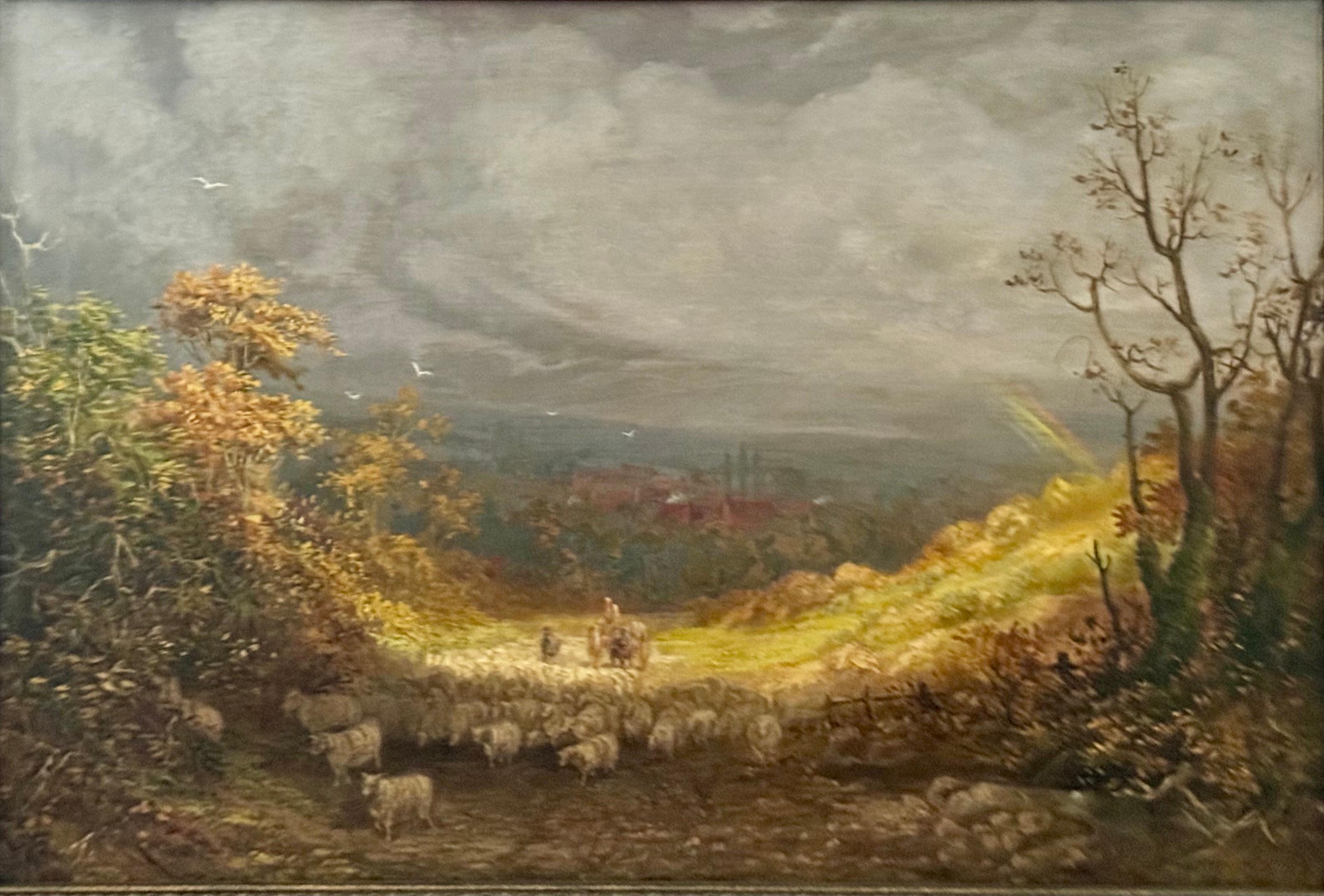 Britische Landschaft Goldenes Licht nach Sturm, Schafe, Dorf, Herbst, um 1850 – Painting von John Linnell (b.1792)