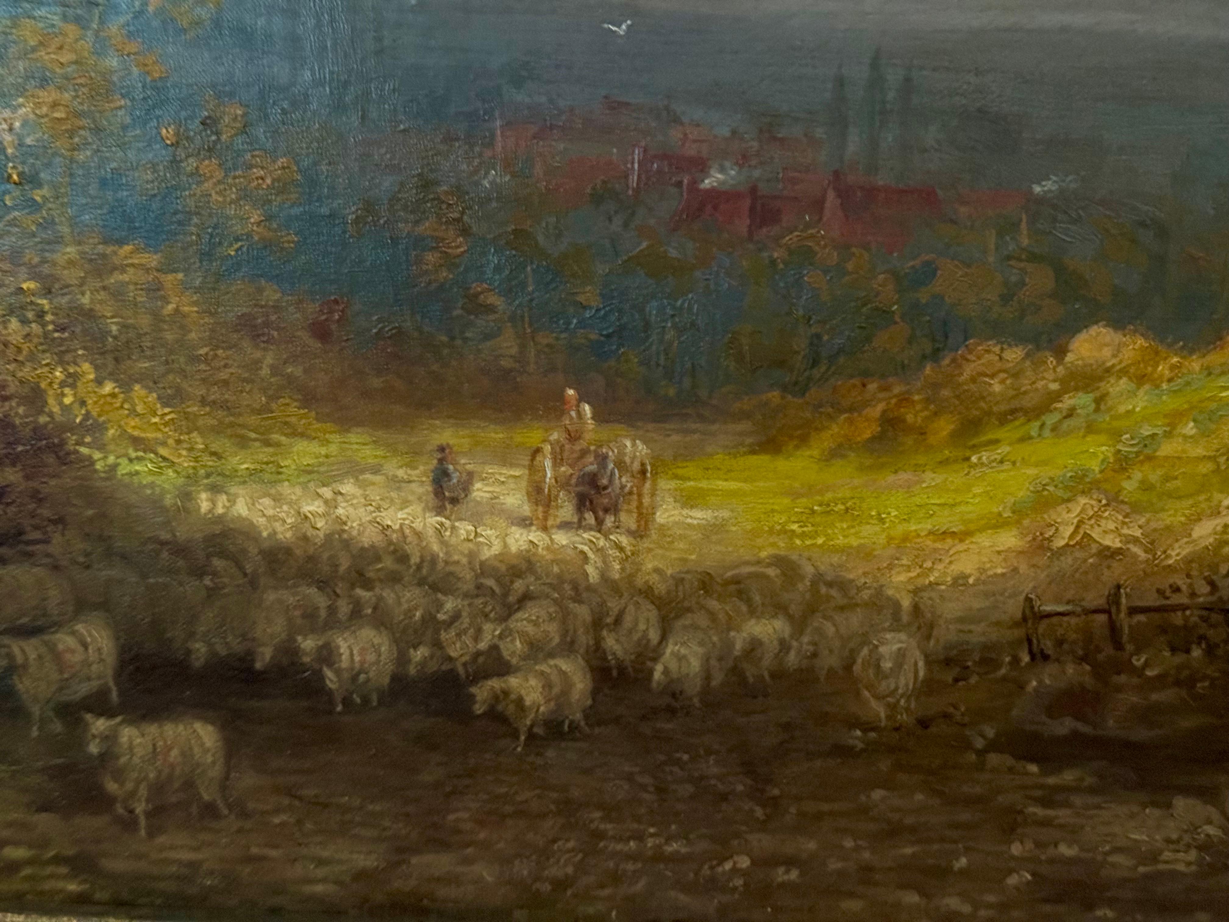 Britische Landschaft Goldenes Licht nach Sturm, Schafe, Dorf, Herbst, um 1850 (Schwarz), Landscape Painting, von John Linnell (b.1792)