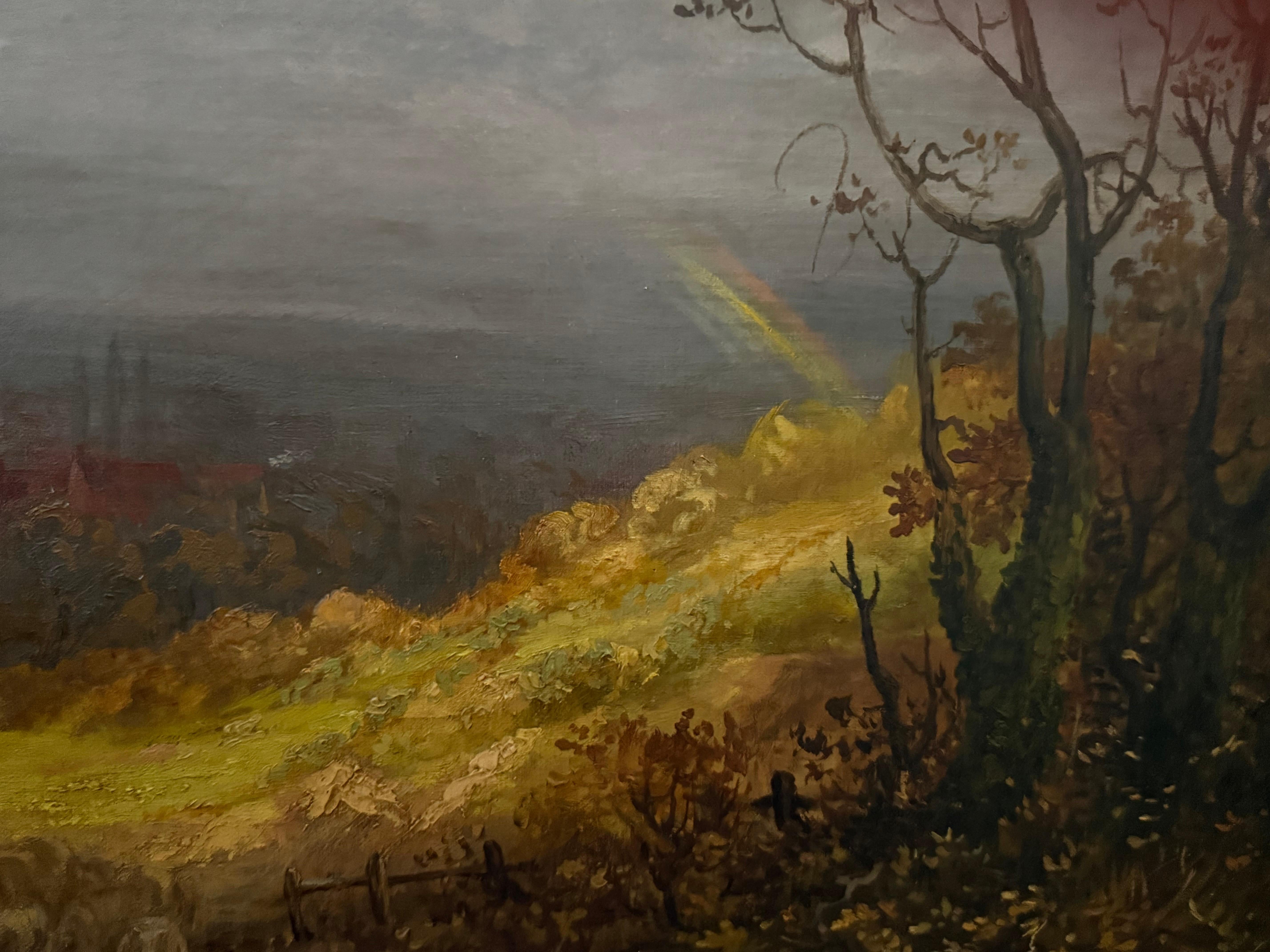 Britische Landschaft Goldenes Licht nach Sturm, Schafe, Dorf, Herbst, um 1850 im Angebot 2