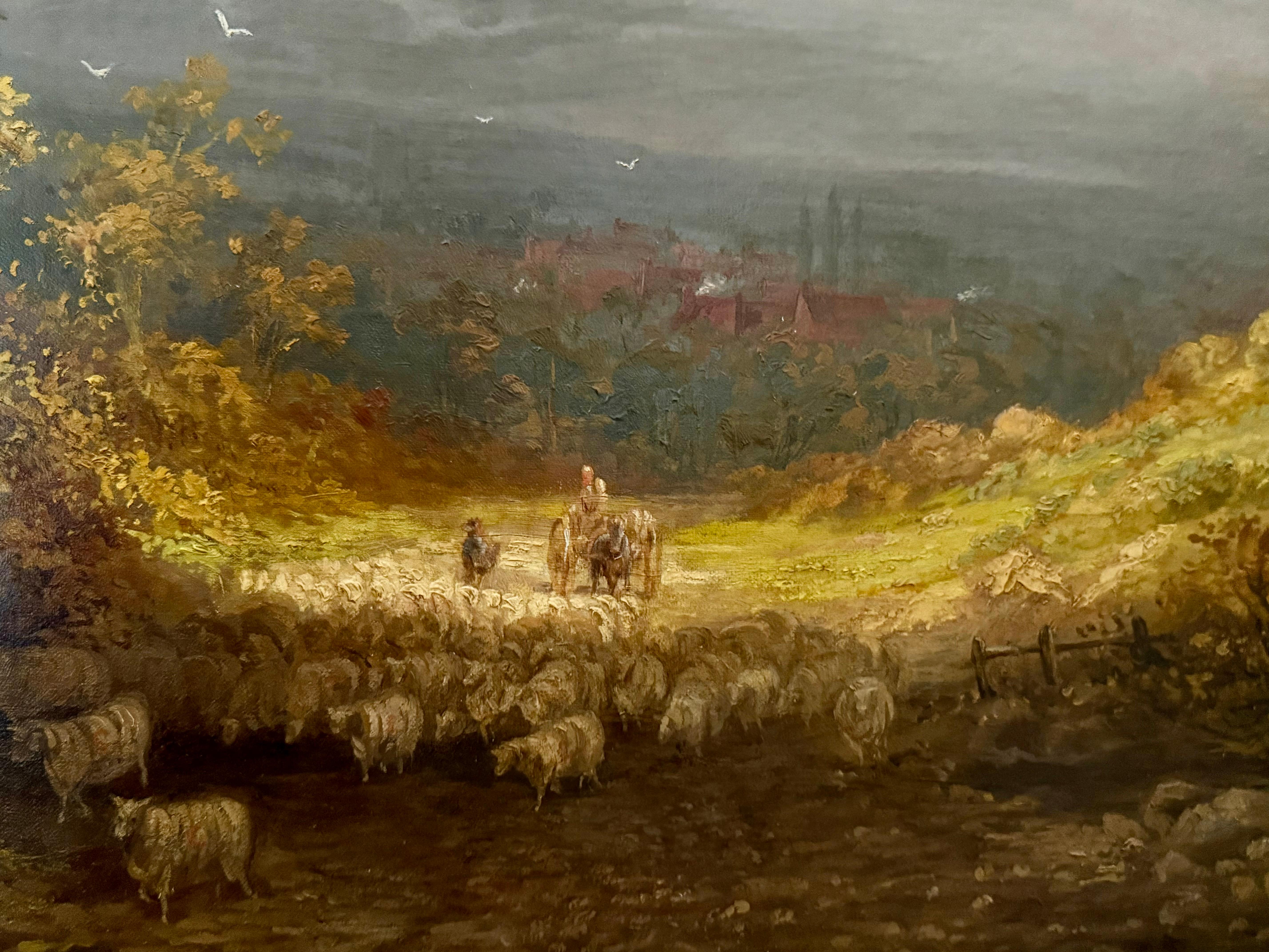 Britische Landschaft Goldenes Licht nach Sturm, Schafe, Dorf, Herbst, um 1850 im Angebot 3