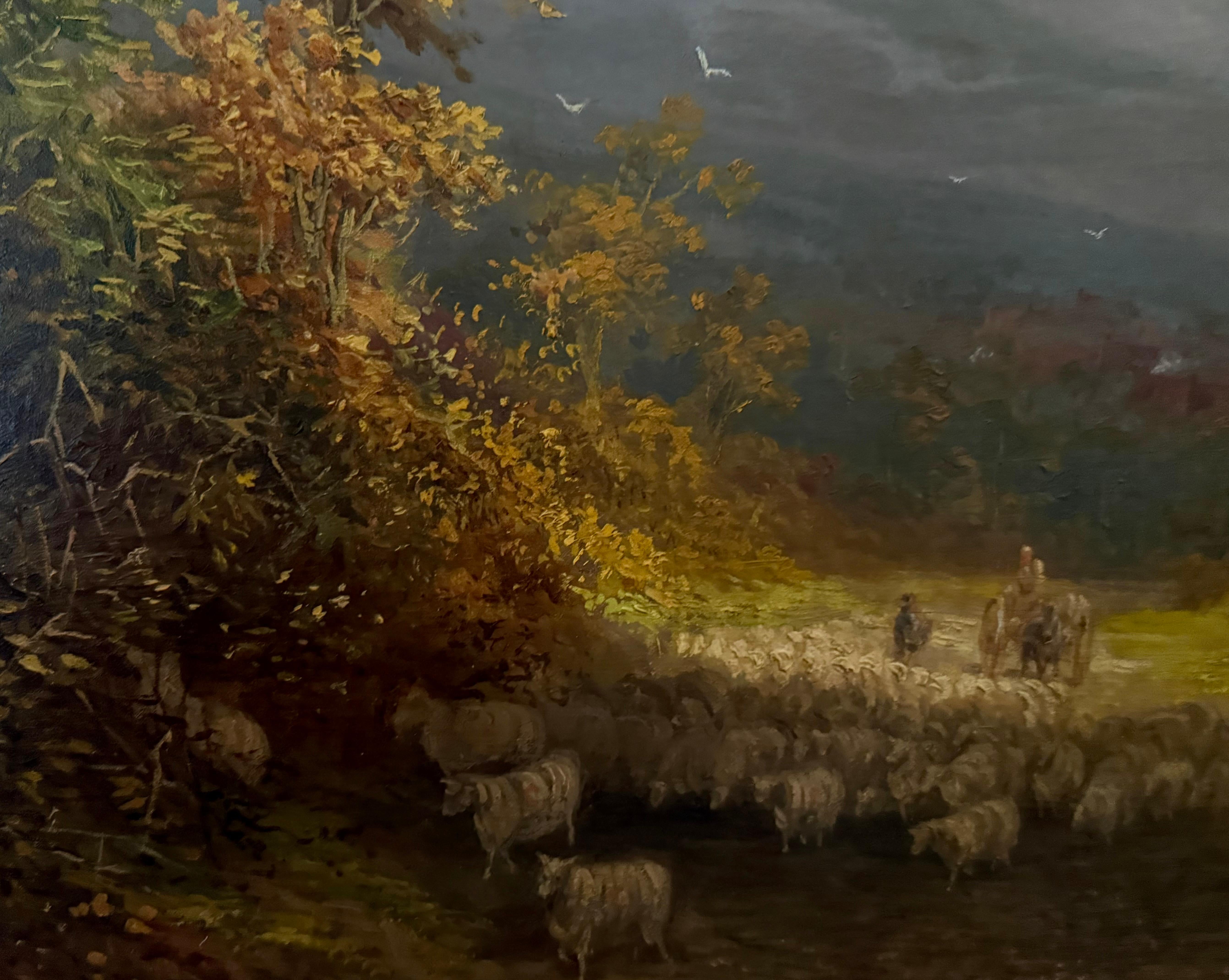 Britische Landschaft Goldenes Licht nach Sturm, Schafe, Dorf, Herbst, um 1850 im Angebot 4