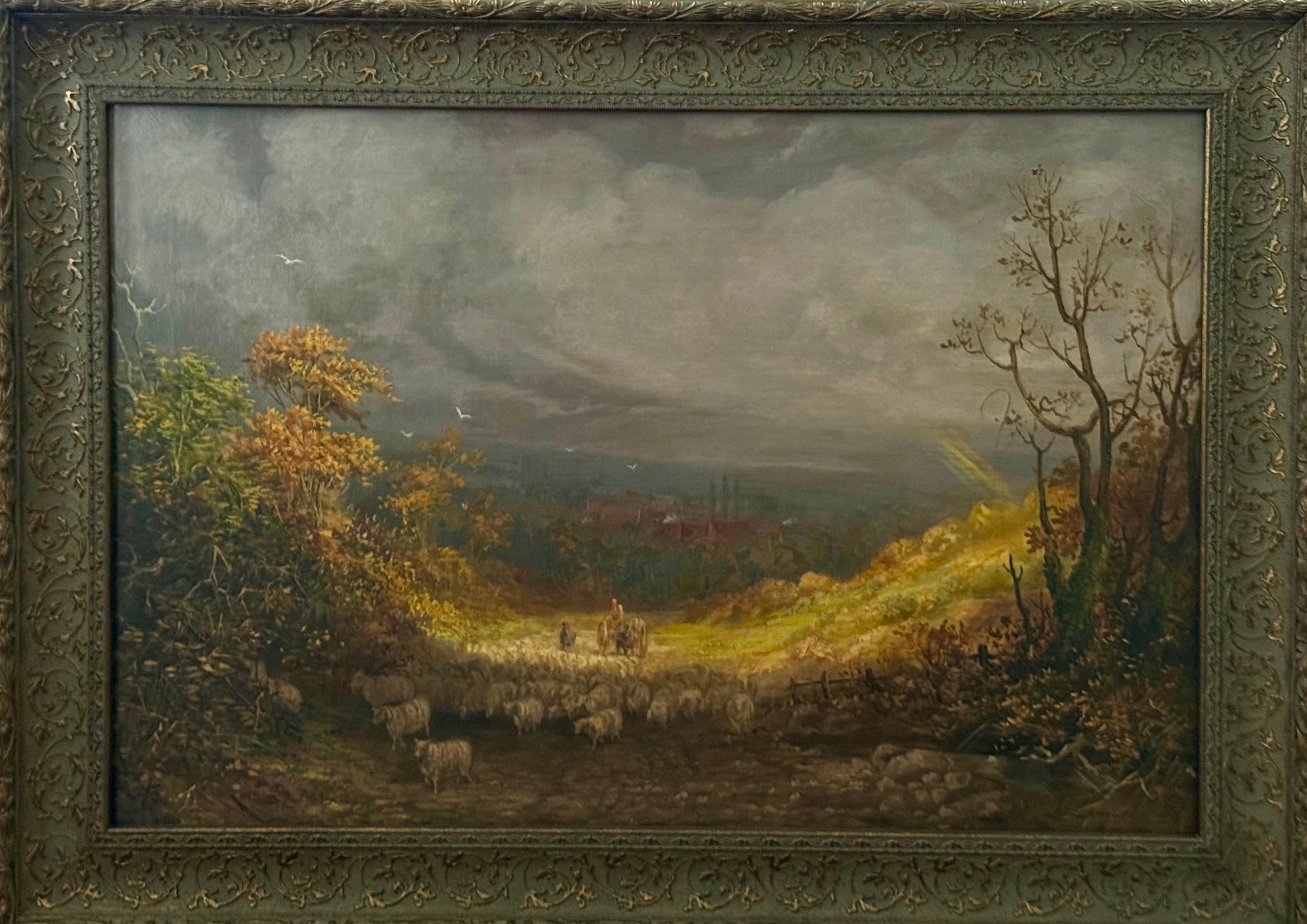 Britische Landschaft Goldenes Licht nach Sturm, Schafe, Dorf, Herbst, um 1850 (Romantik), Painting, von John Linnell (b.1792)