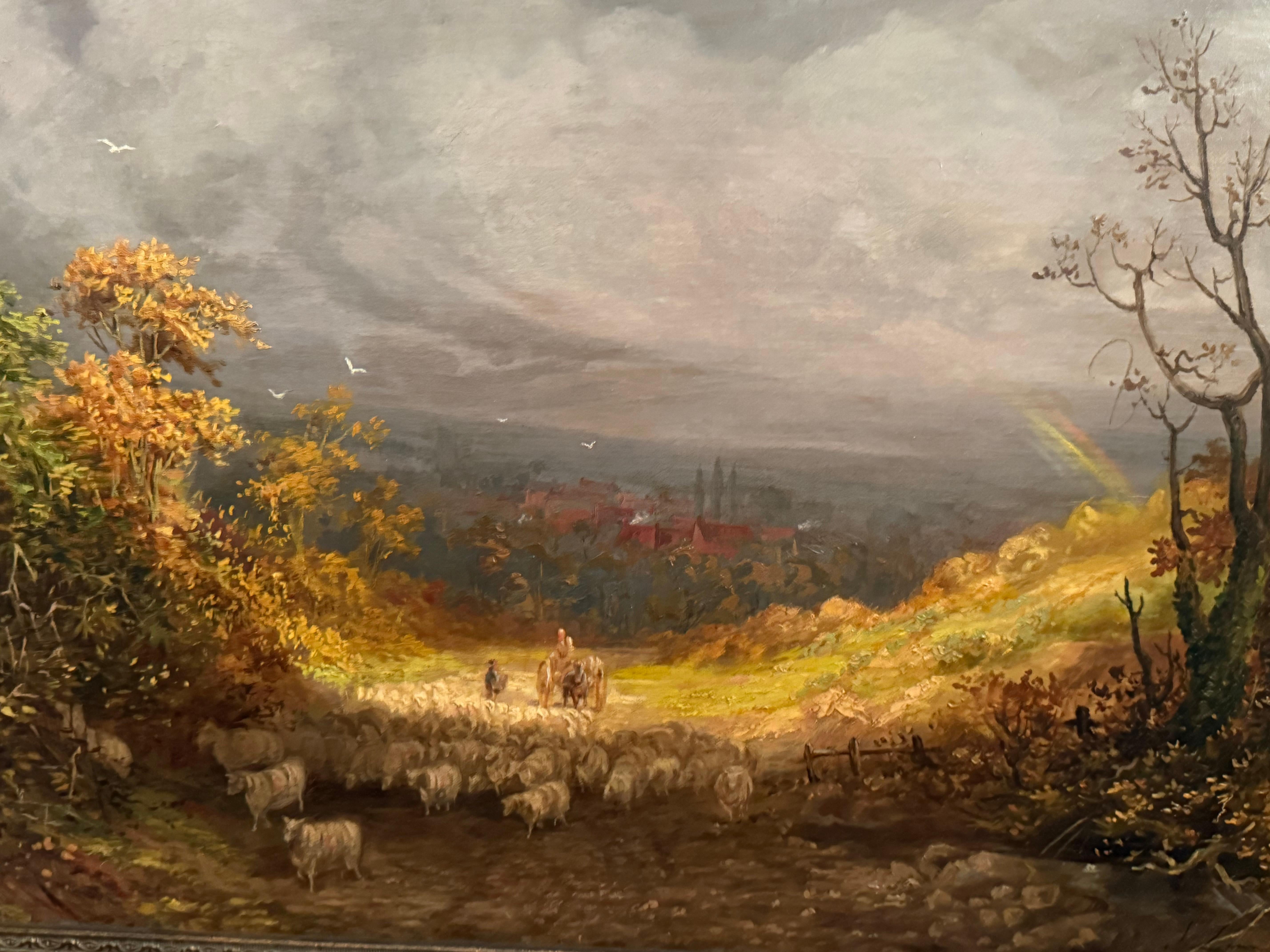 John Linnell (b.1792) Landscape Painting – Britische Landschaft Goldenes Licht nach Sturm, Schafe, Dorf, Herbst, um 1850
