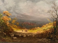 Paisaje británico Luz dorada después de la tormenta, ovejas, pueblo, otoño, hacia la década de 1850