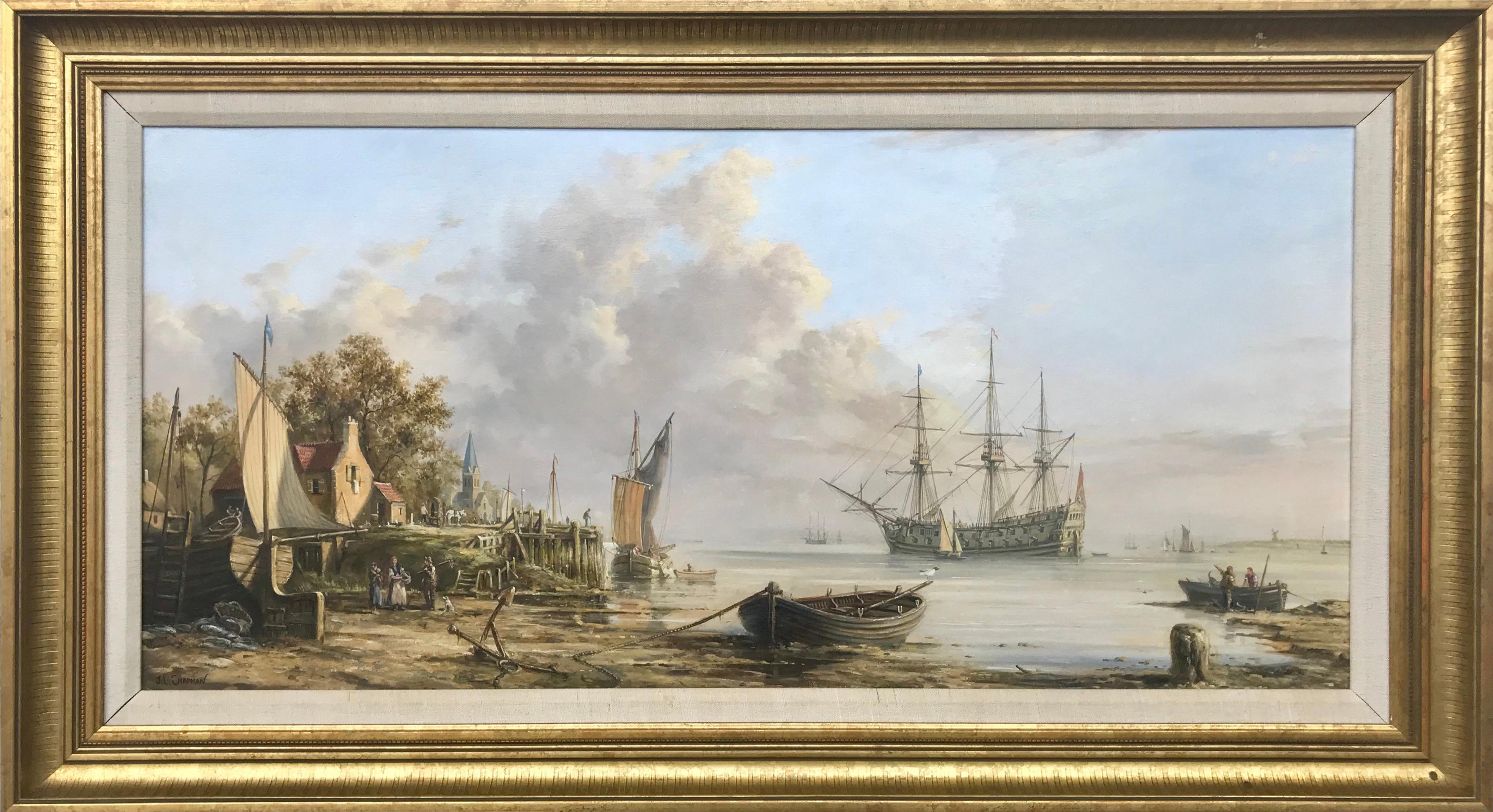 John Linton Chapman Figurative Painting - Dutch Coastal Scene by British Maritime Realist Painting of a 19th Century Scene