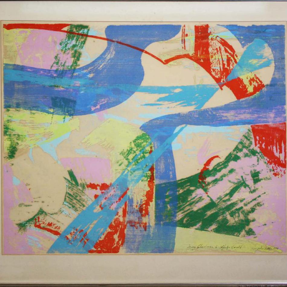 Woodblock by the American artist John Little. Signed and dated in pencil lower right, 1974.  Number 11/15.  Inscribed 